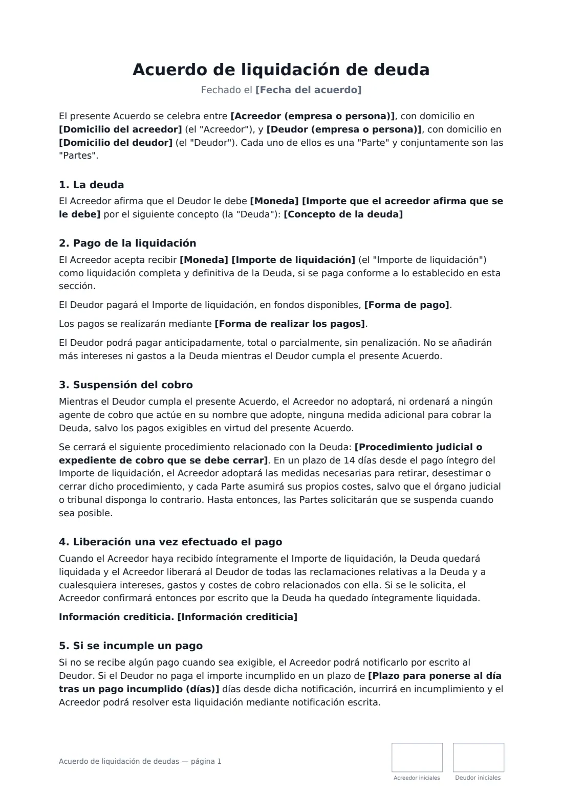 Acuerdo de liquidación de deudas: página 1 de 2