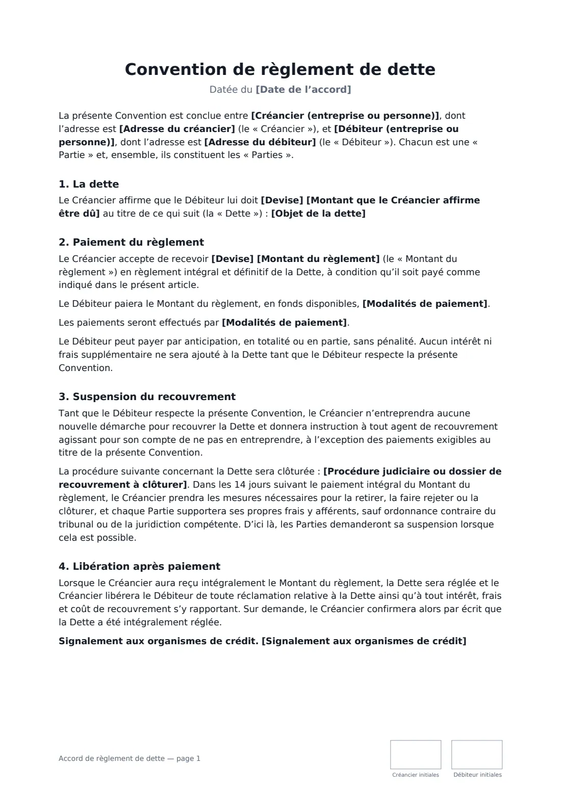Accord de règlement de dette — page 1 sur 2