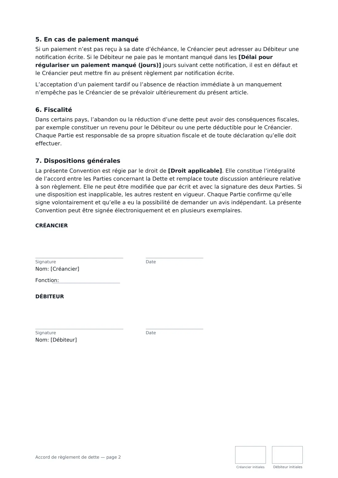 Accord de règlement de dette — page 2 sur 2