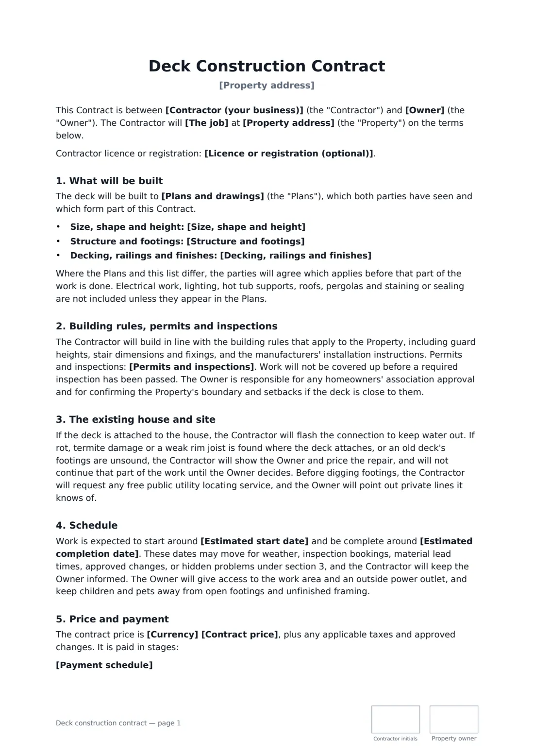 Deck construction contract — page 1 of 3
