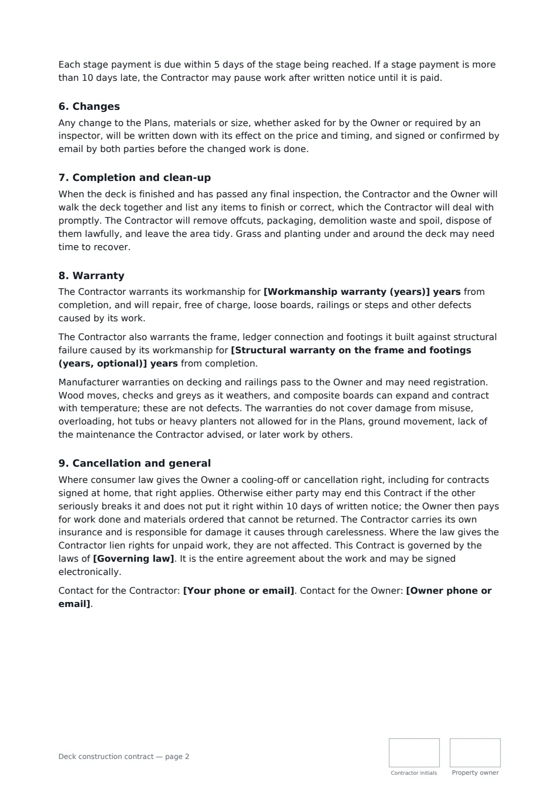 Deck construction contract — page 2 of 3