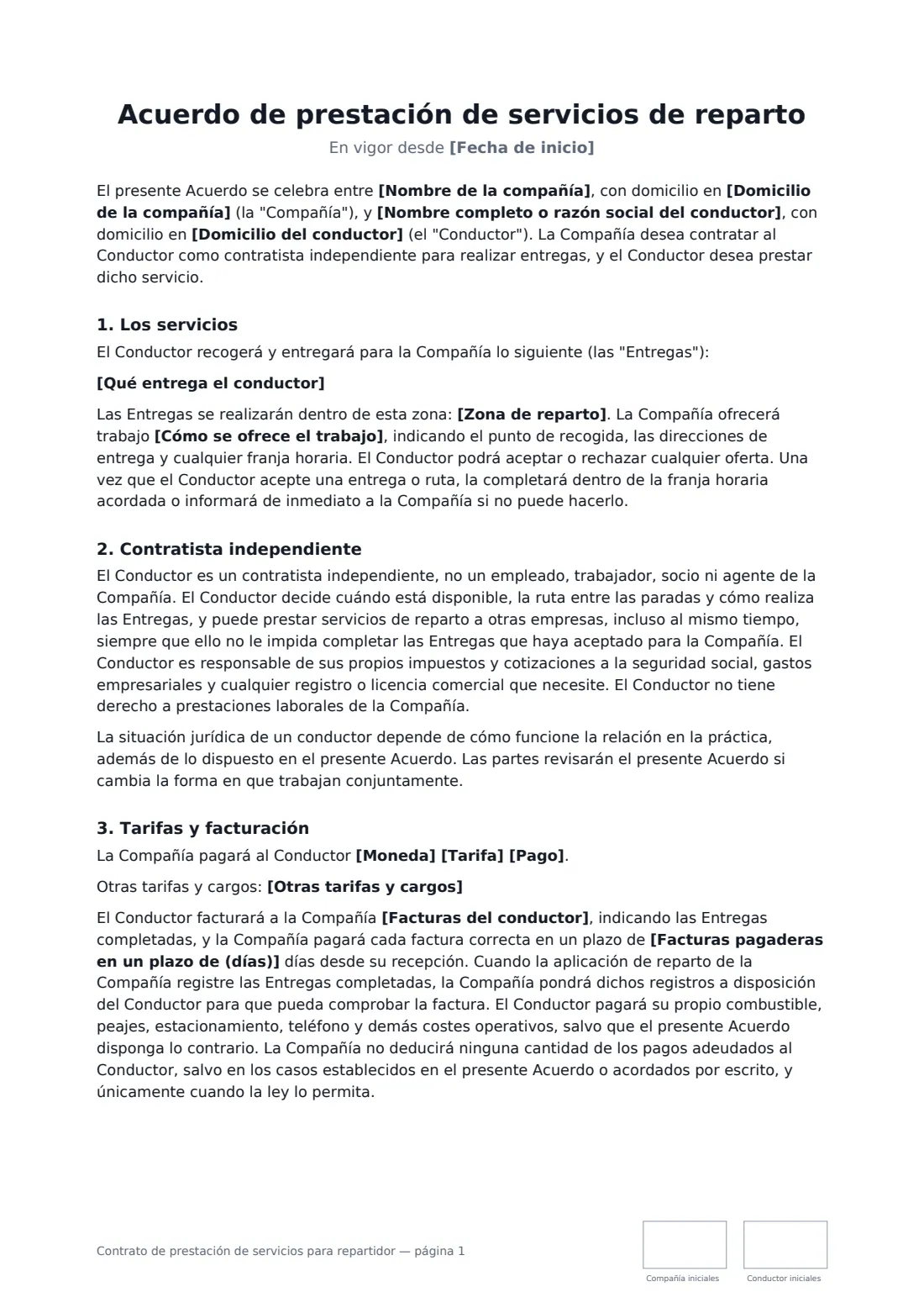 Contrato de prestación de servicios para repartidor: página 1 de 3