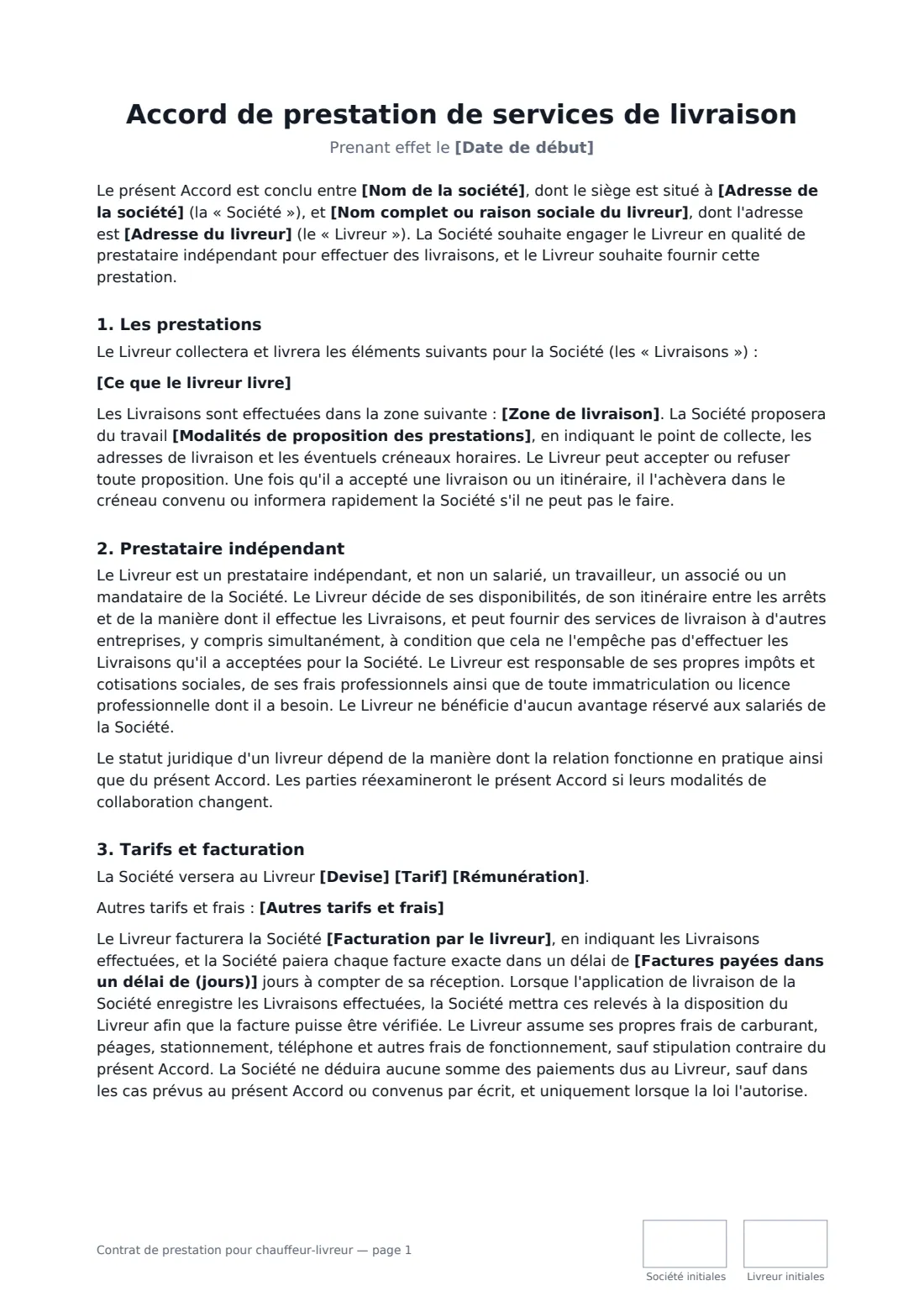 Contrat de prestation pour chauffeur-livreur — page 1 sur 3