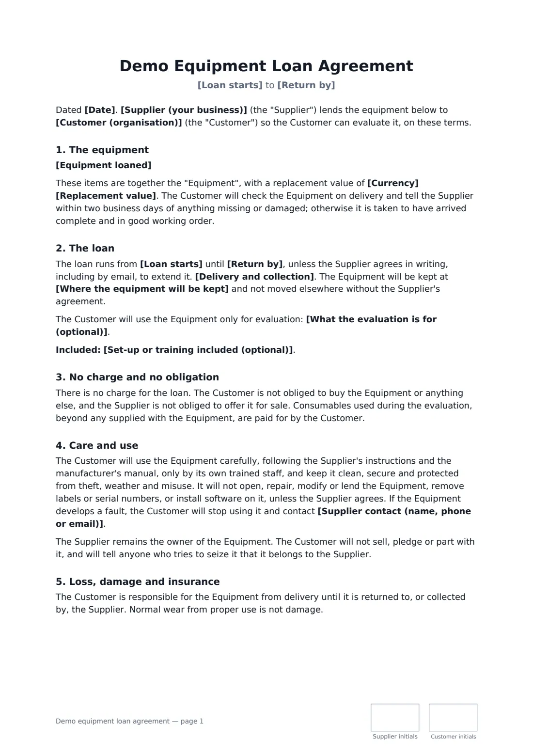 Demo equipment loan agreement — page 1 of 2