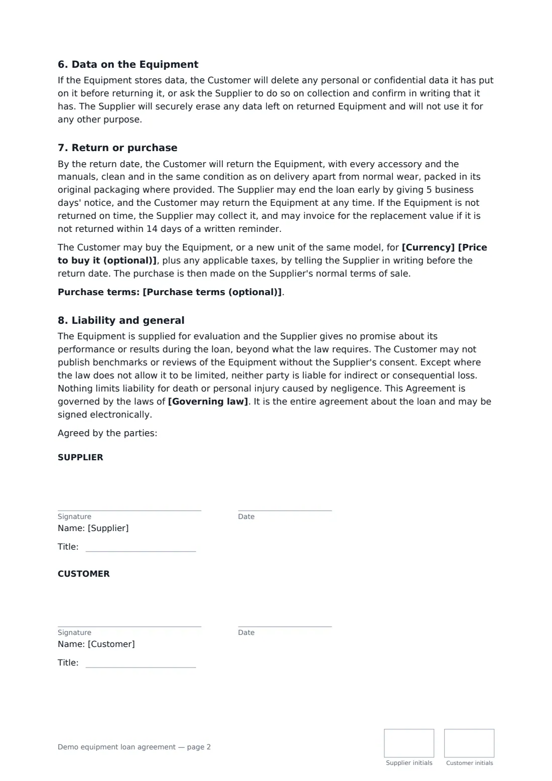Demo equipment loan agreement — page 2 of 2