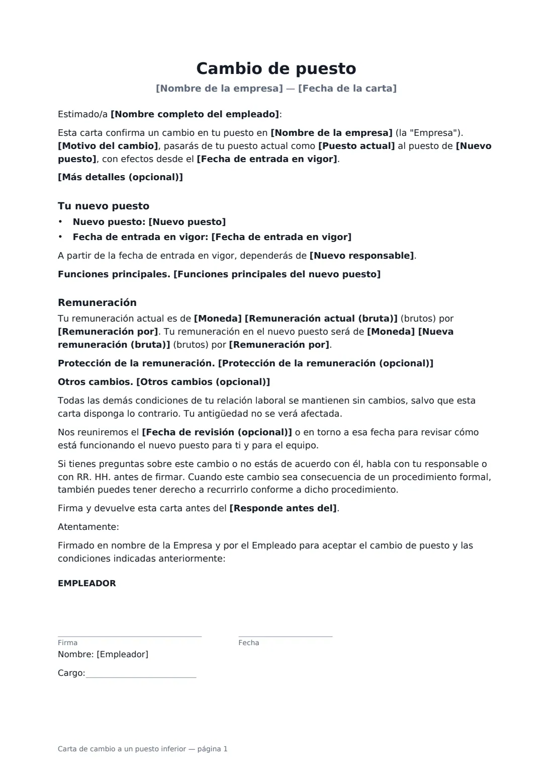Carta de cambio a un puesto inferior: página 1 de 2