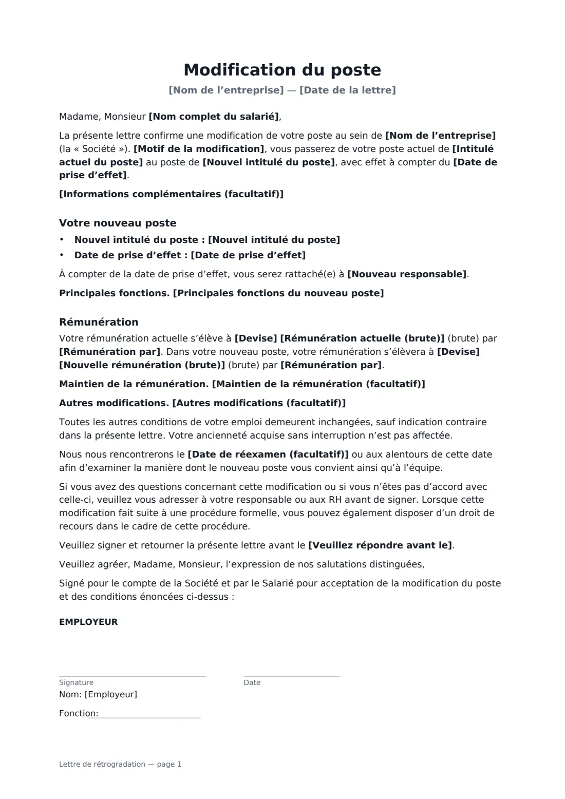 Lettre de rétrogradation — page 1 sur 2