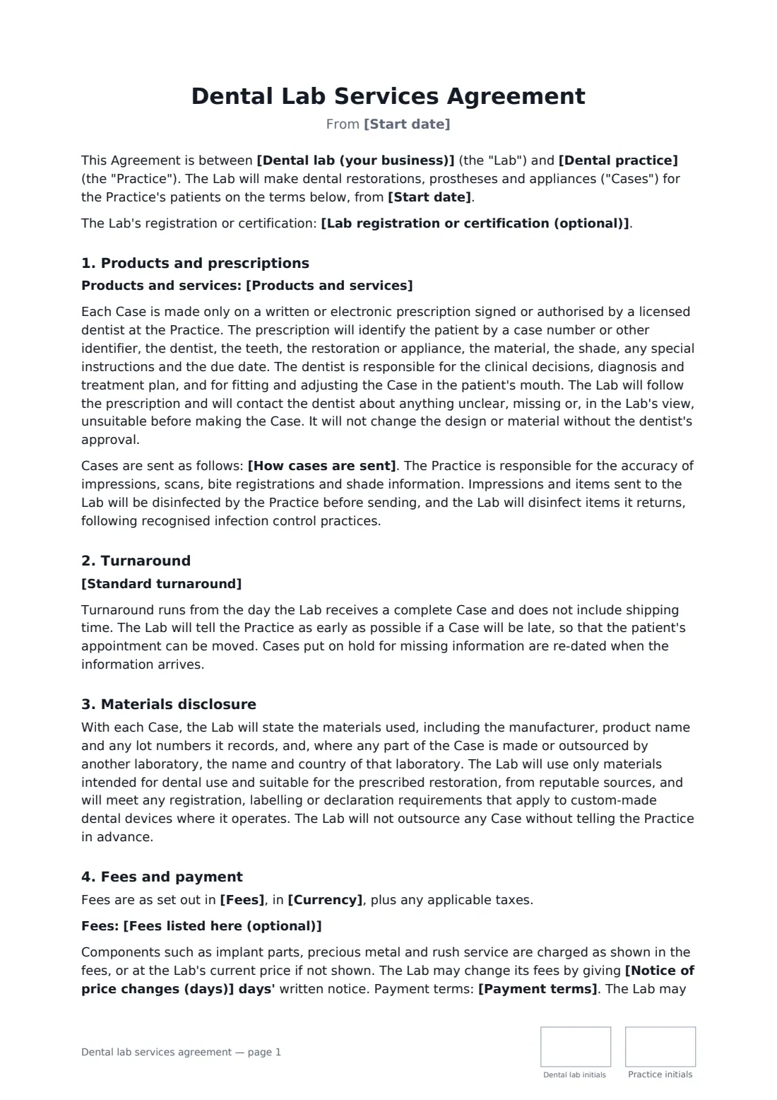 Dental lab services agreement — page 1 of 3