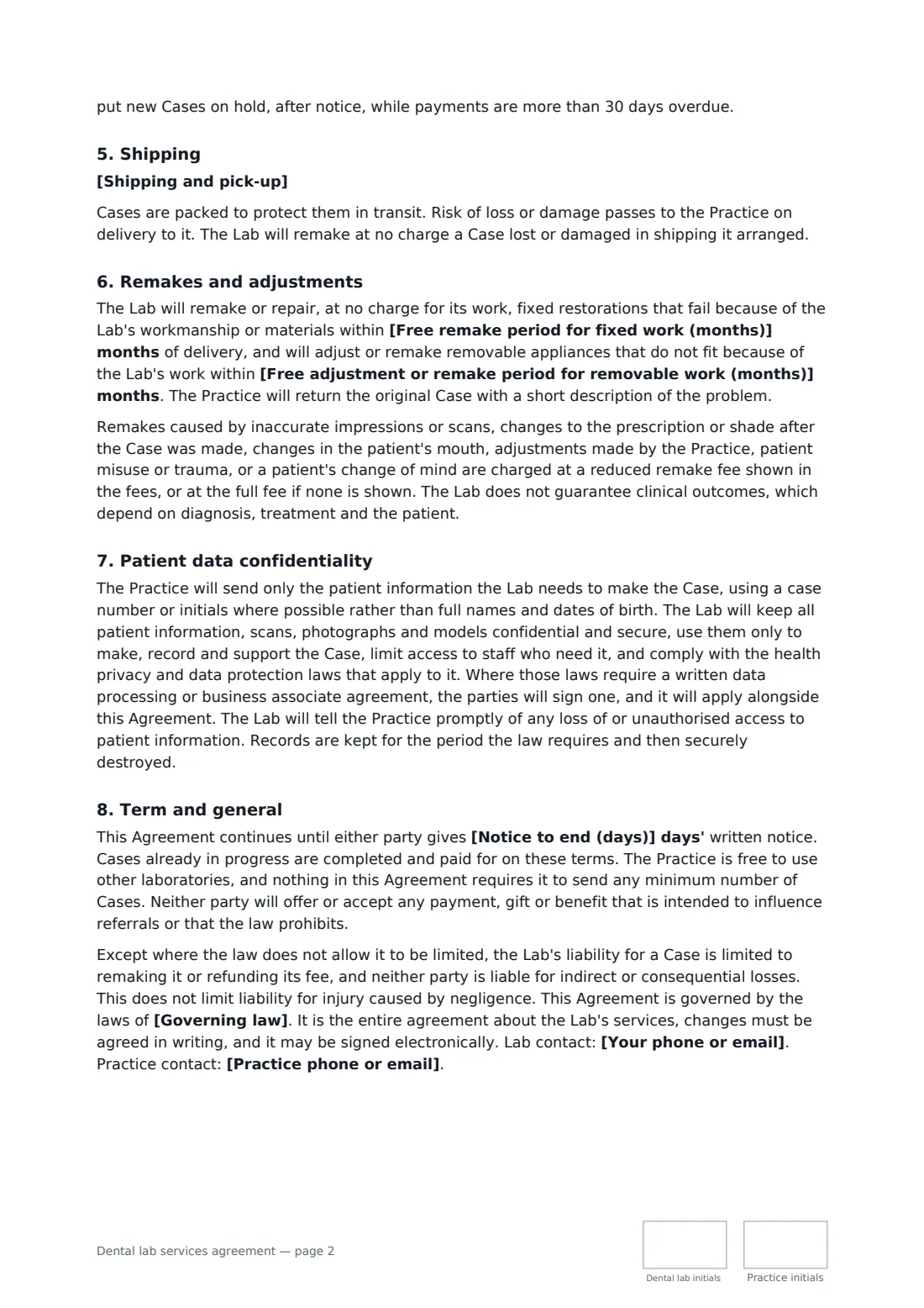 Dental lab services agreement — page 2 of 3