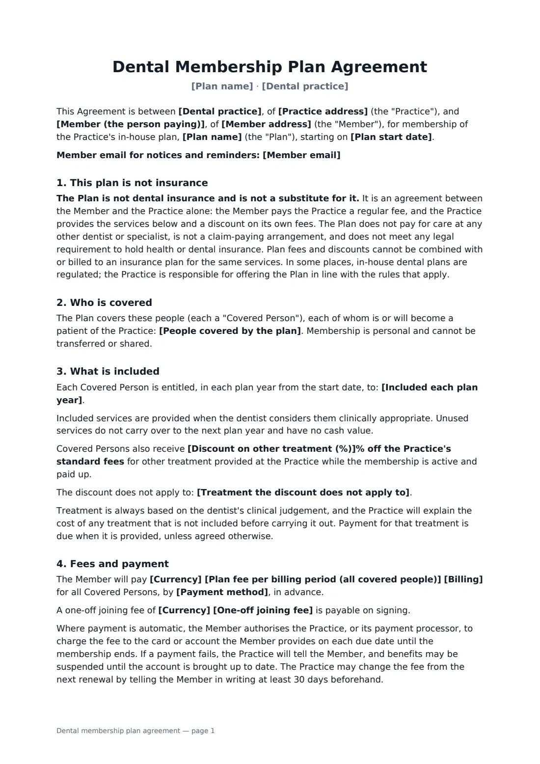 Dental membership plan agreement — page 1 of 2