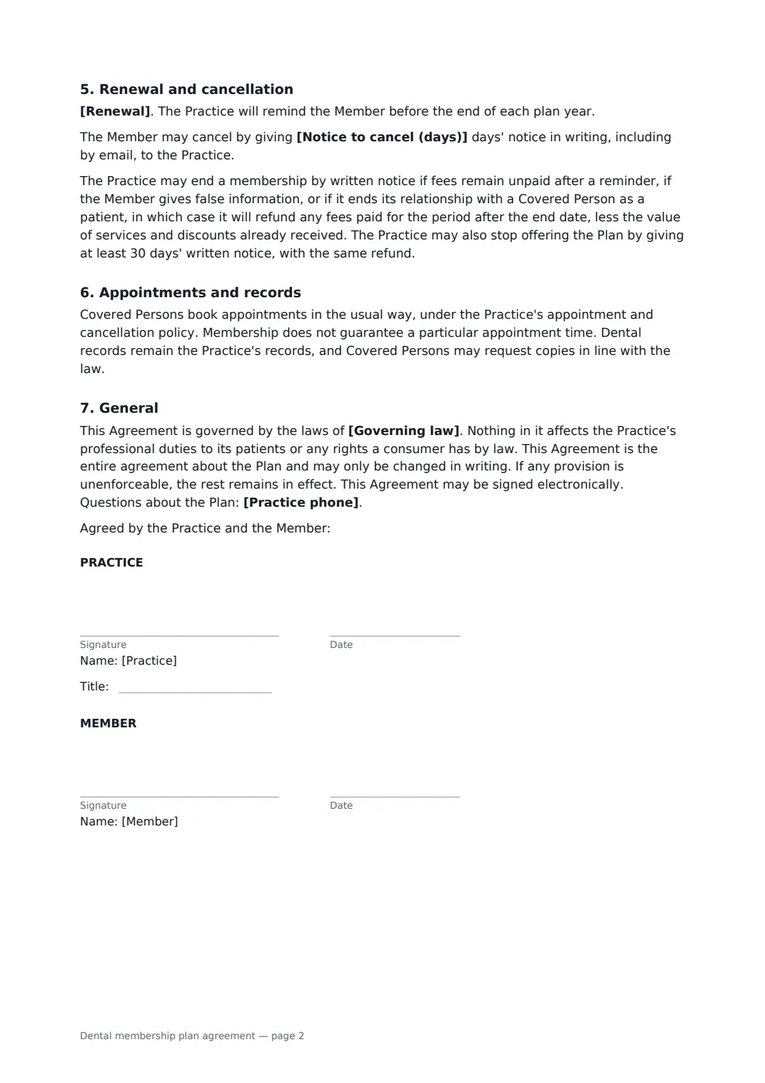 Dental membership plan agreement — page 2 of 2