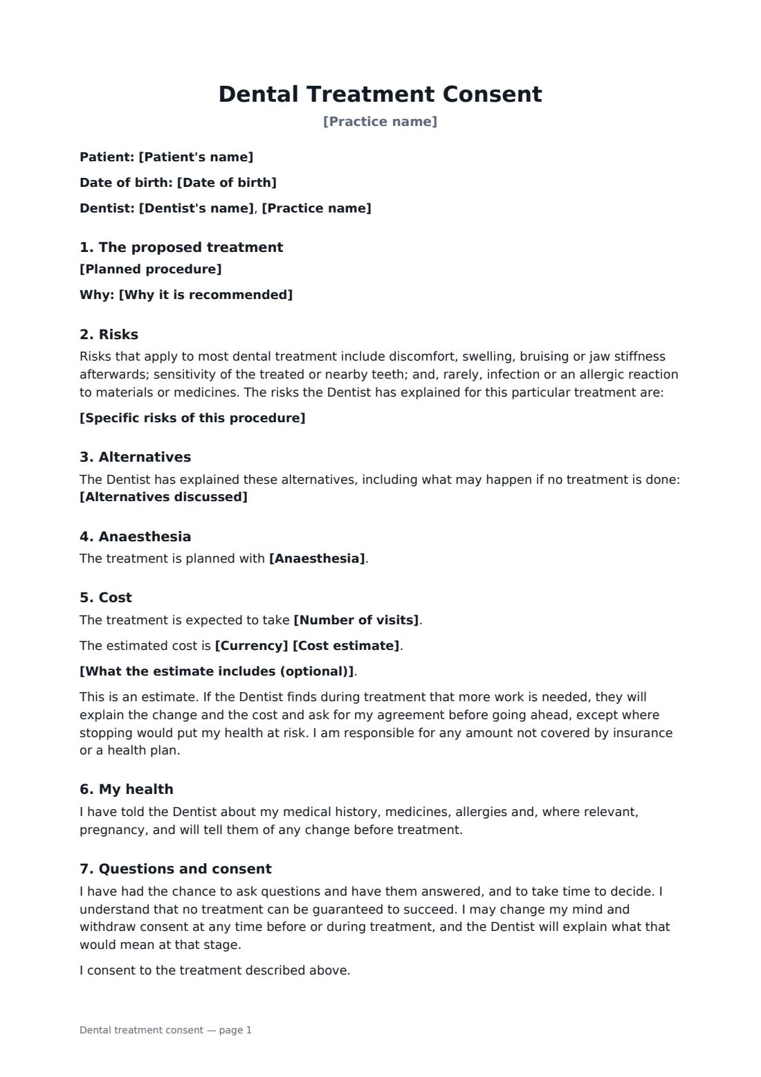 Dental treatment consent — page 1 of 2