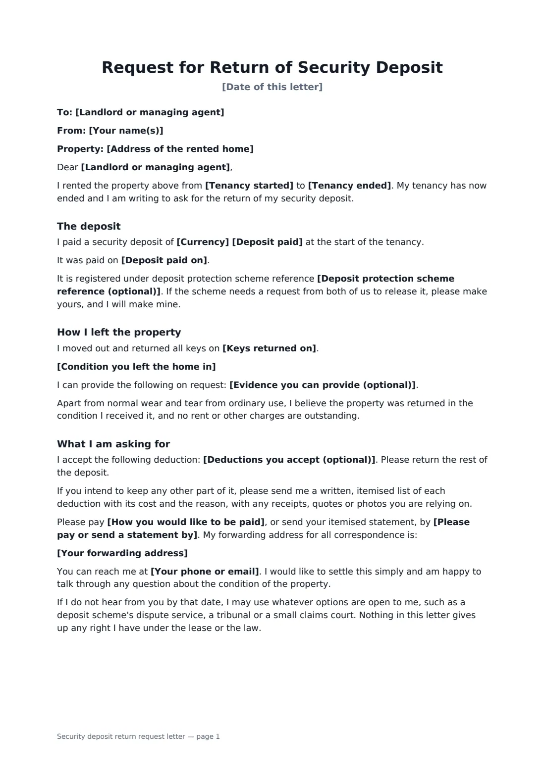 Security deposit return request letter — page 1 of 2