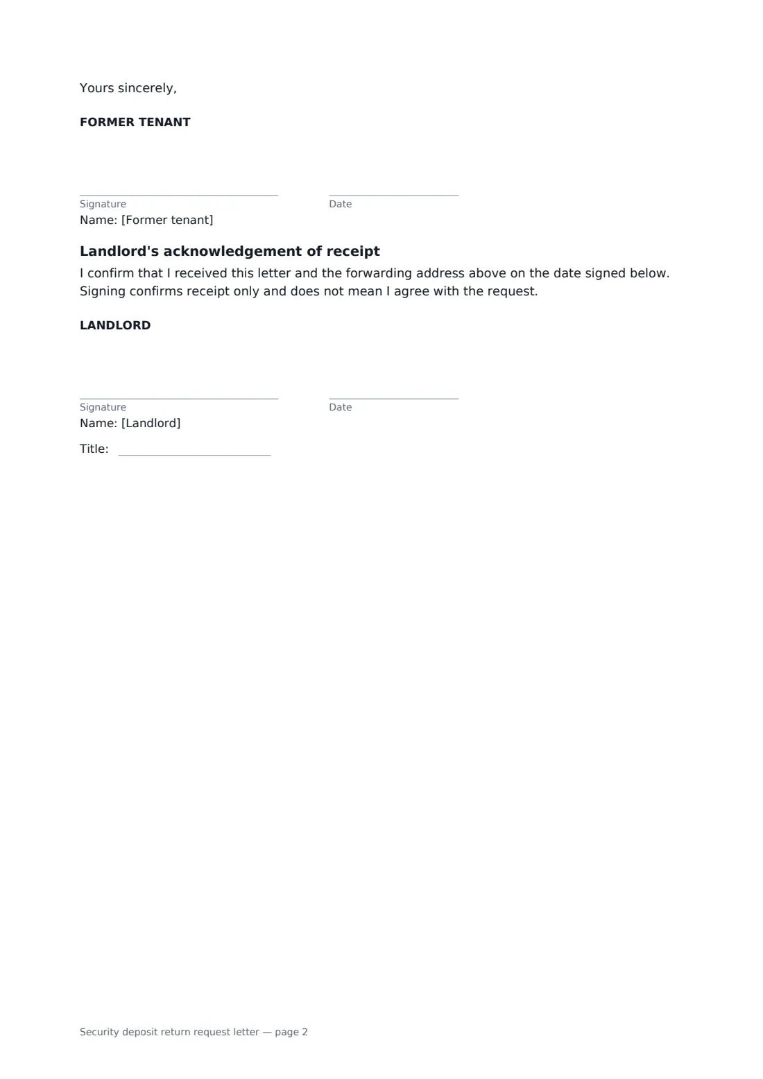 Security deposit return request letter — page 2 of 2