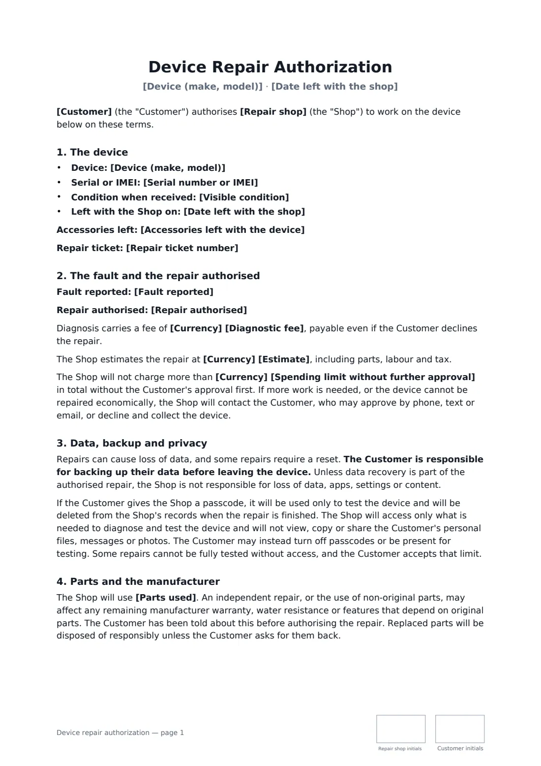 Device repair authorization — page 1 of 2