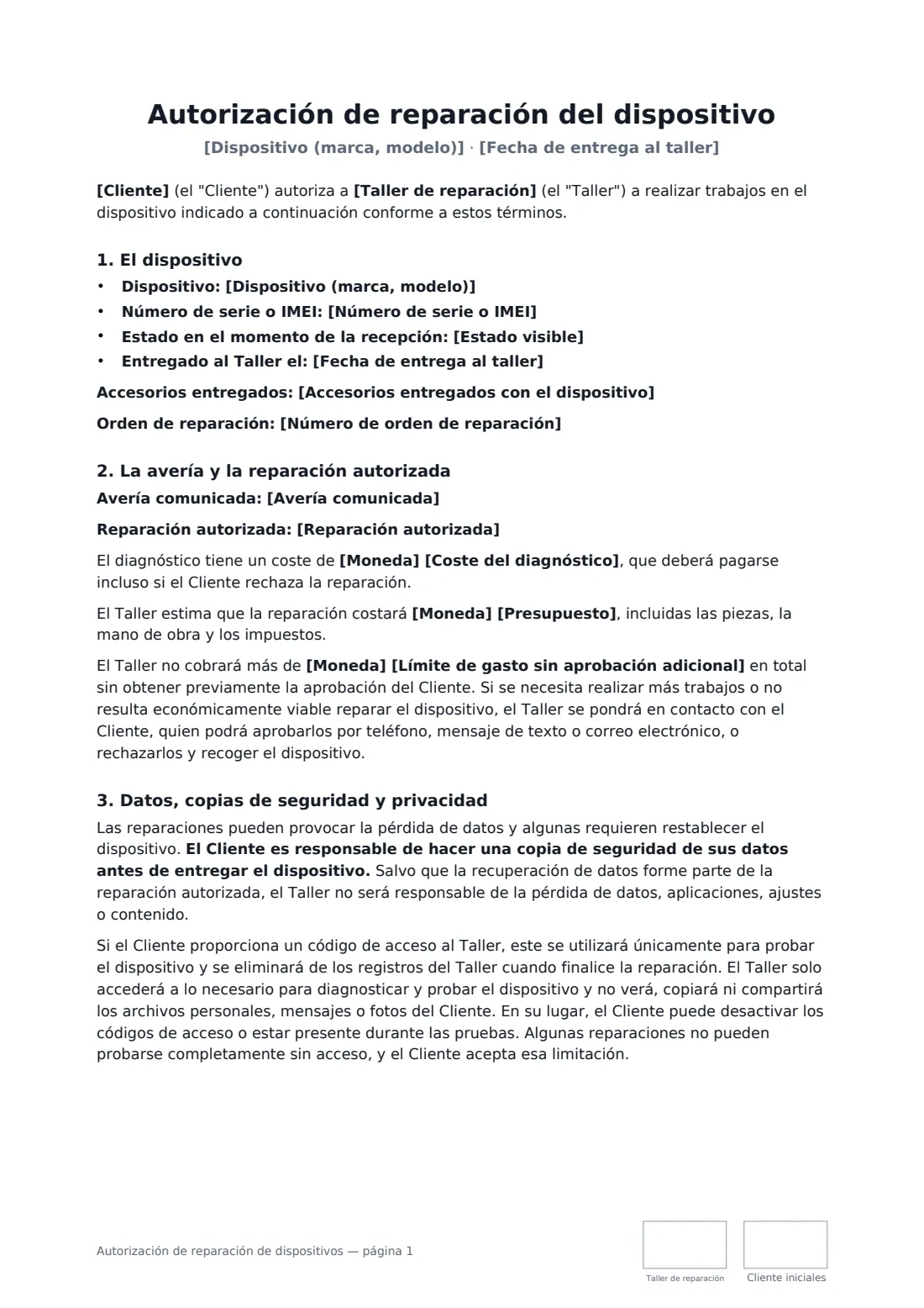 Autorización de reparación de dispositivos: página 1 de 3