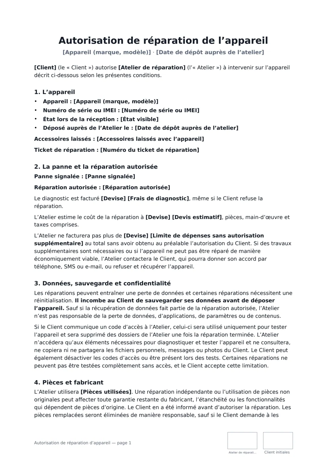 Autorisation de réparation d’appareil — page 1 sur 2