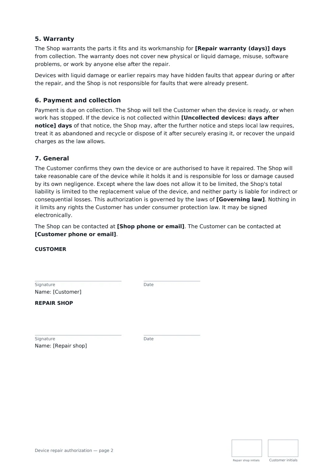 Device repair authorization — page 2 of 2