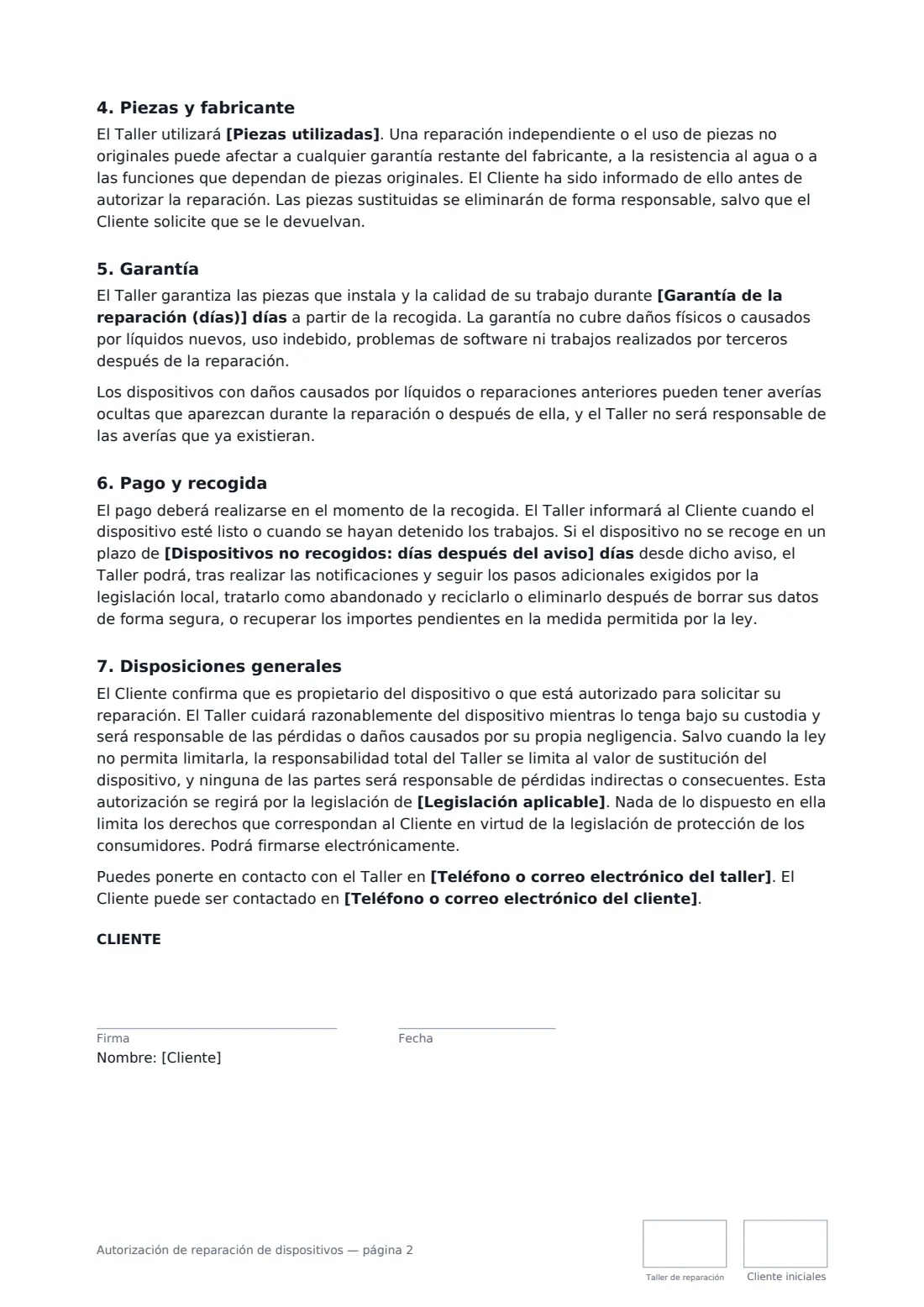 Autorización de reparación de dispositivos: página 2 de 3