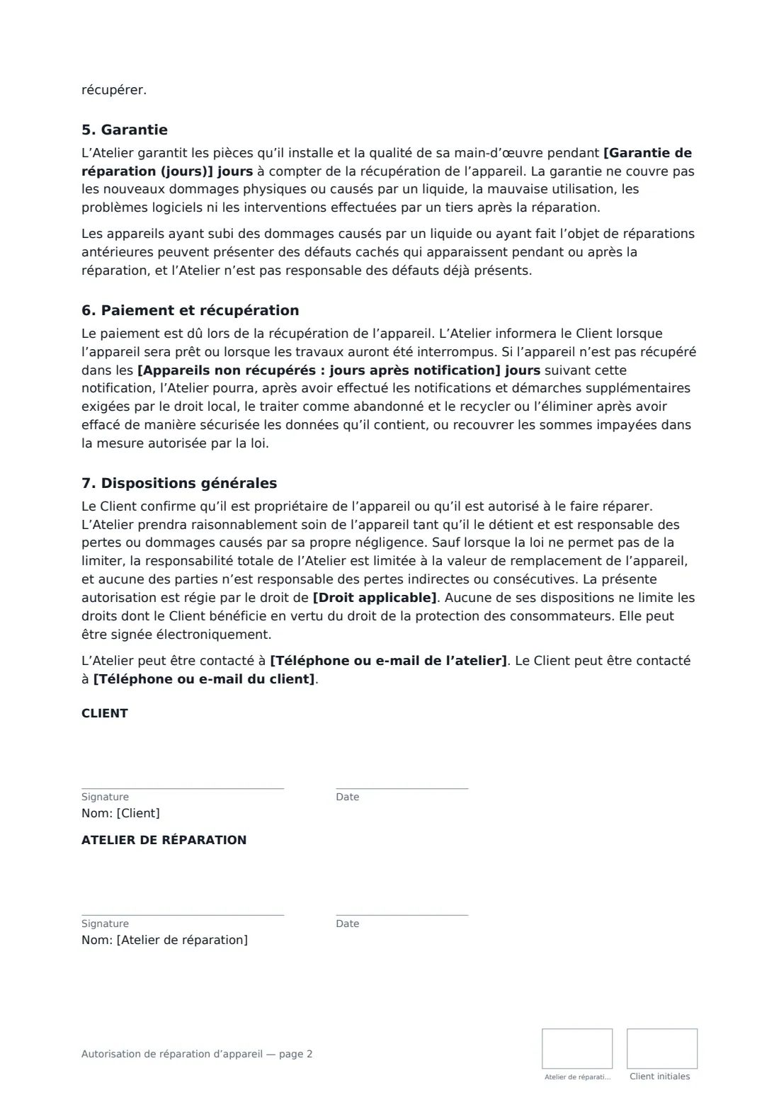 Autorisation de réparation d’appareil — page 2 sur 2