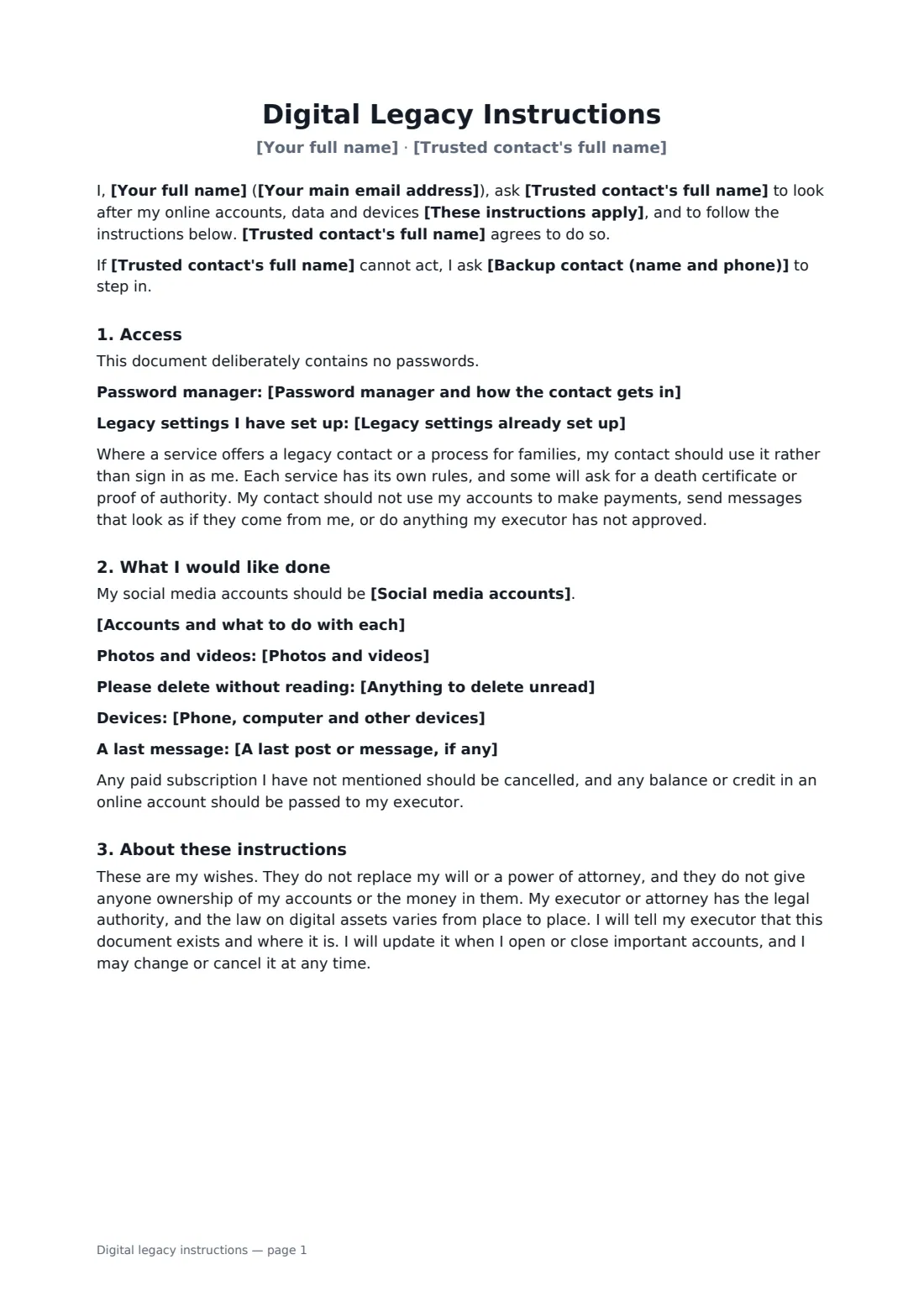 Digital legacy instructions — page 1 of 2