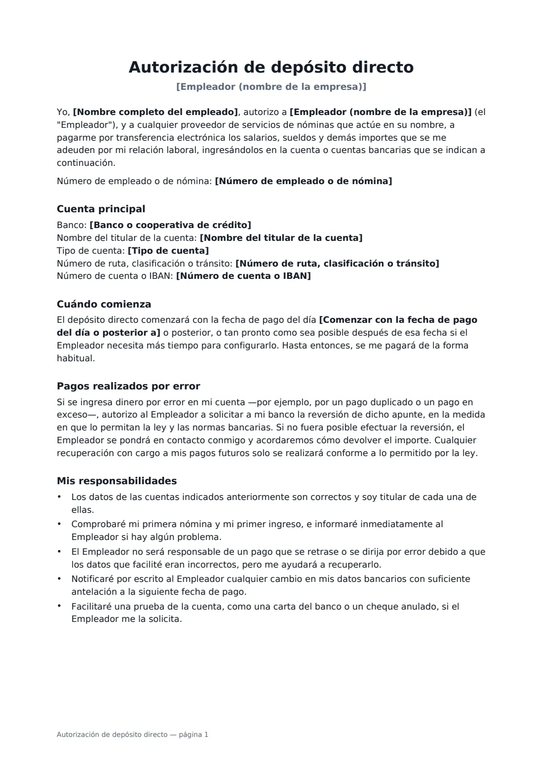 Autorización de depósito directo: página 1 de 2