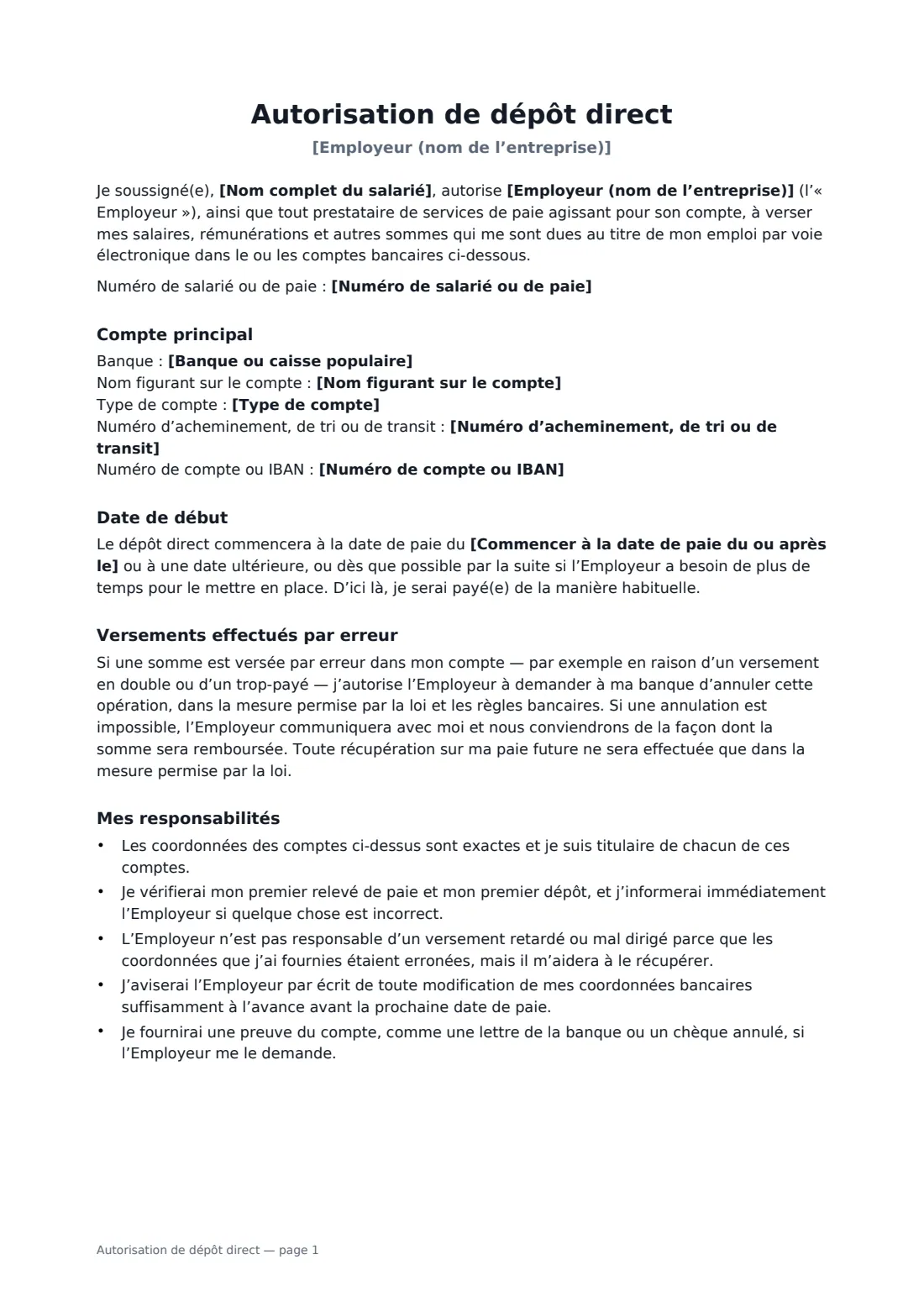 Autorisation de dépôt direct — page 1 sur 2