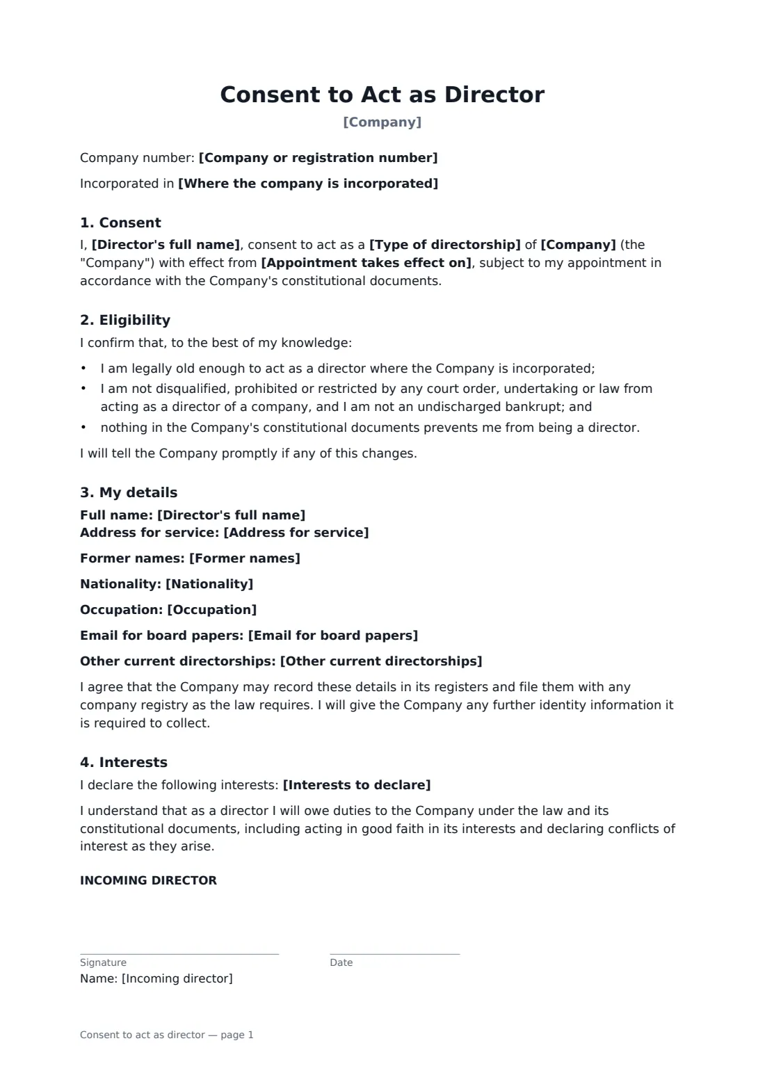 Consent to act as director — page 1 of 2