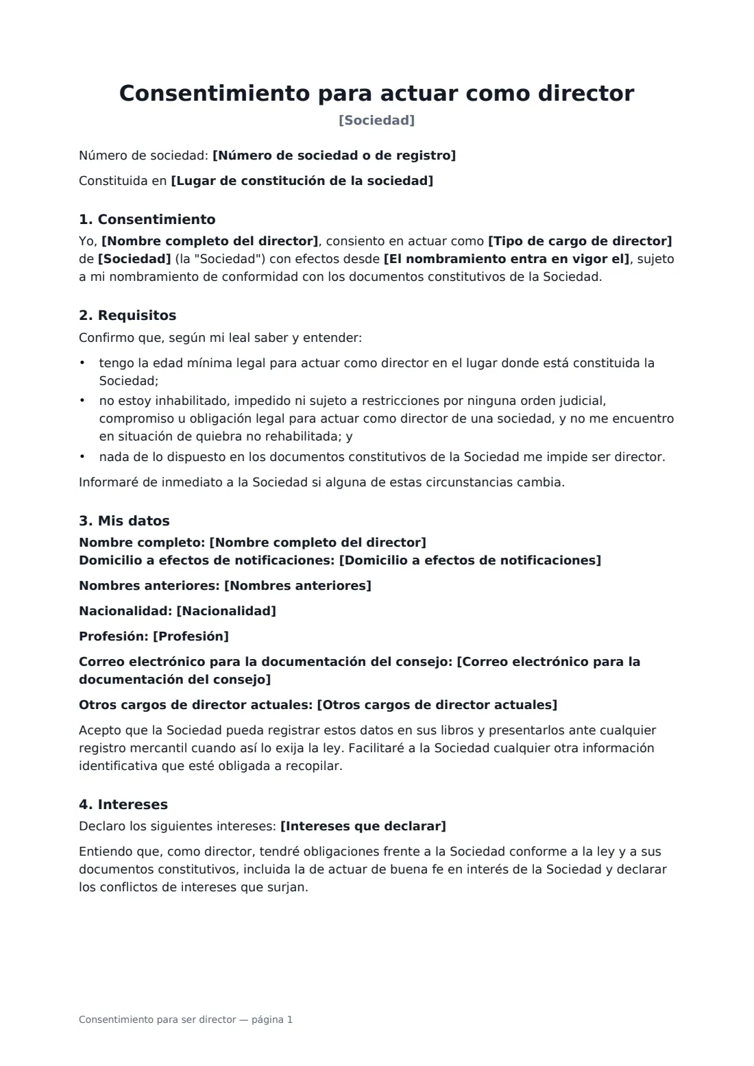 Consentimiento para ser director: página 1 de 2
