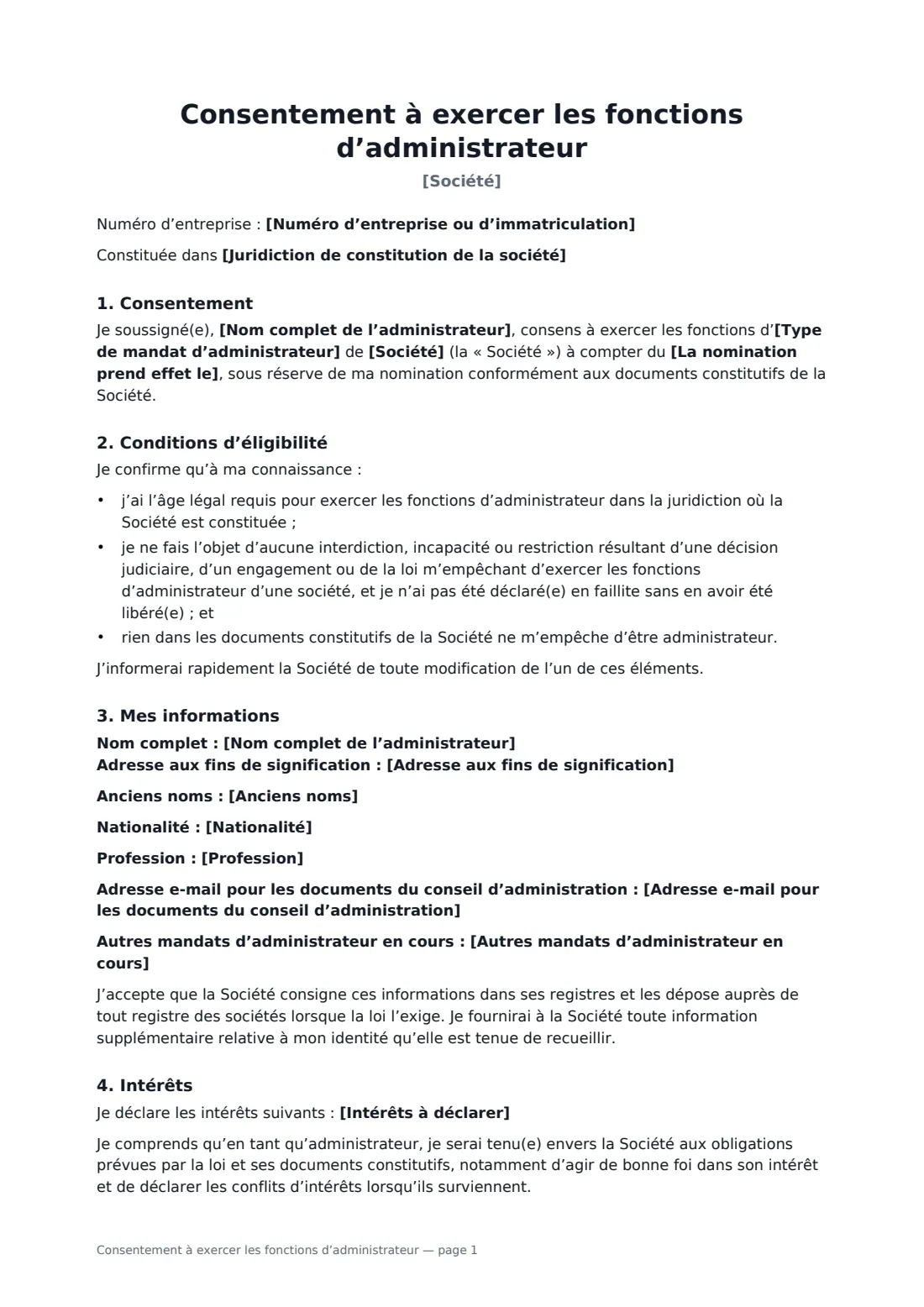 Consentement à exercer les fonctions d’administrateur — page 1 sur 2