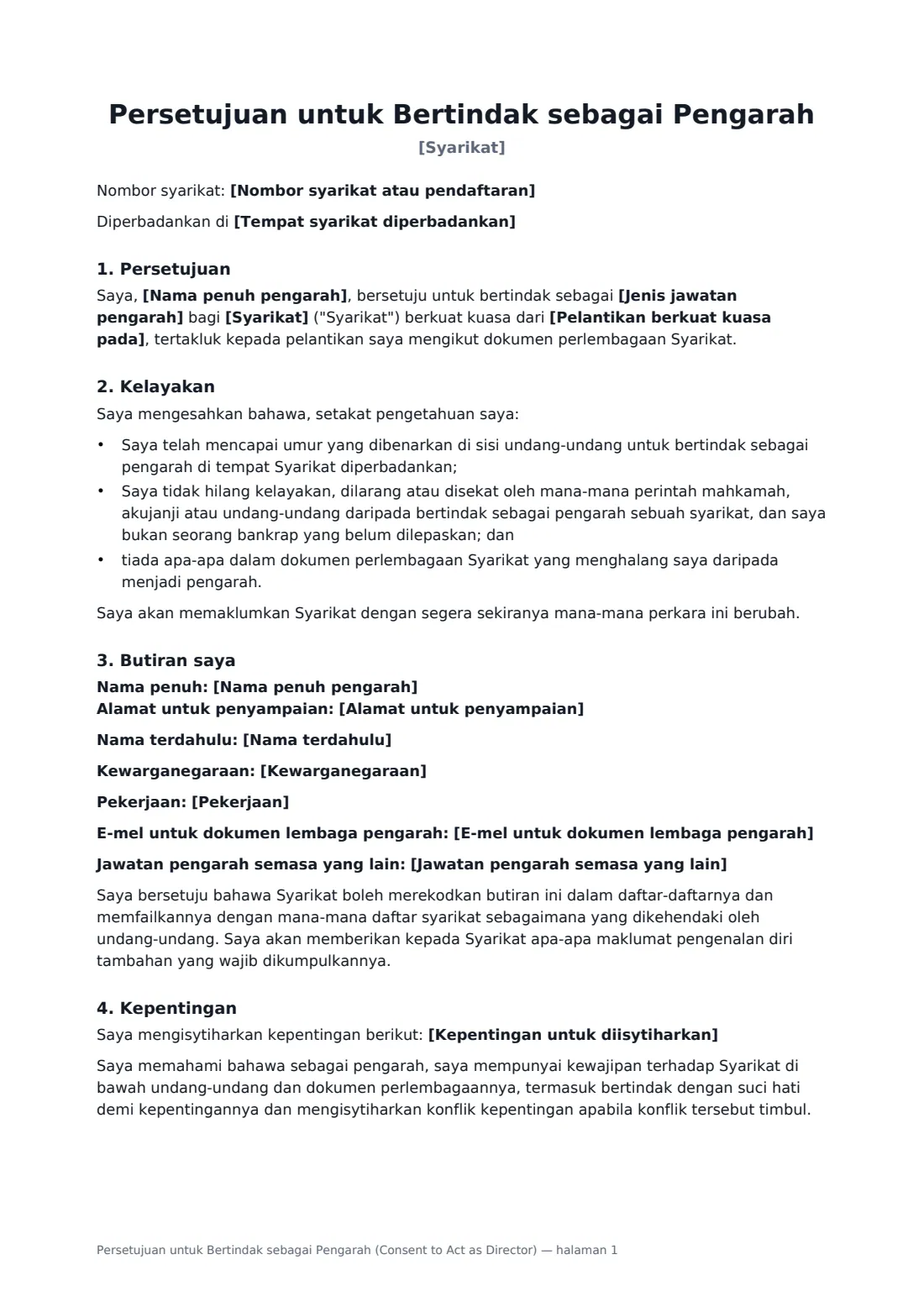 Persetujuan untuk Bertindak sebagai Pengarah (Consent to Act as Director) — halaman 1 daripada 2