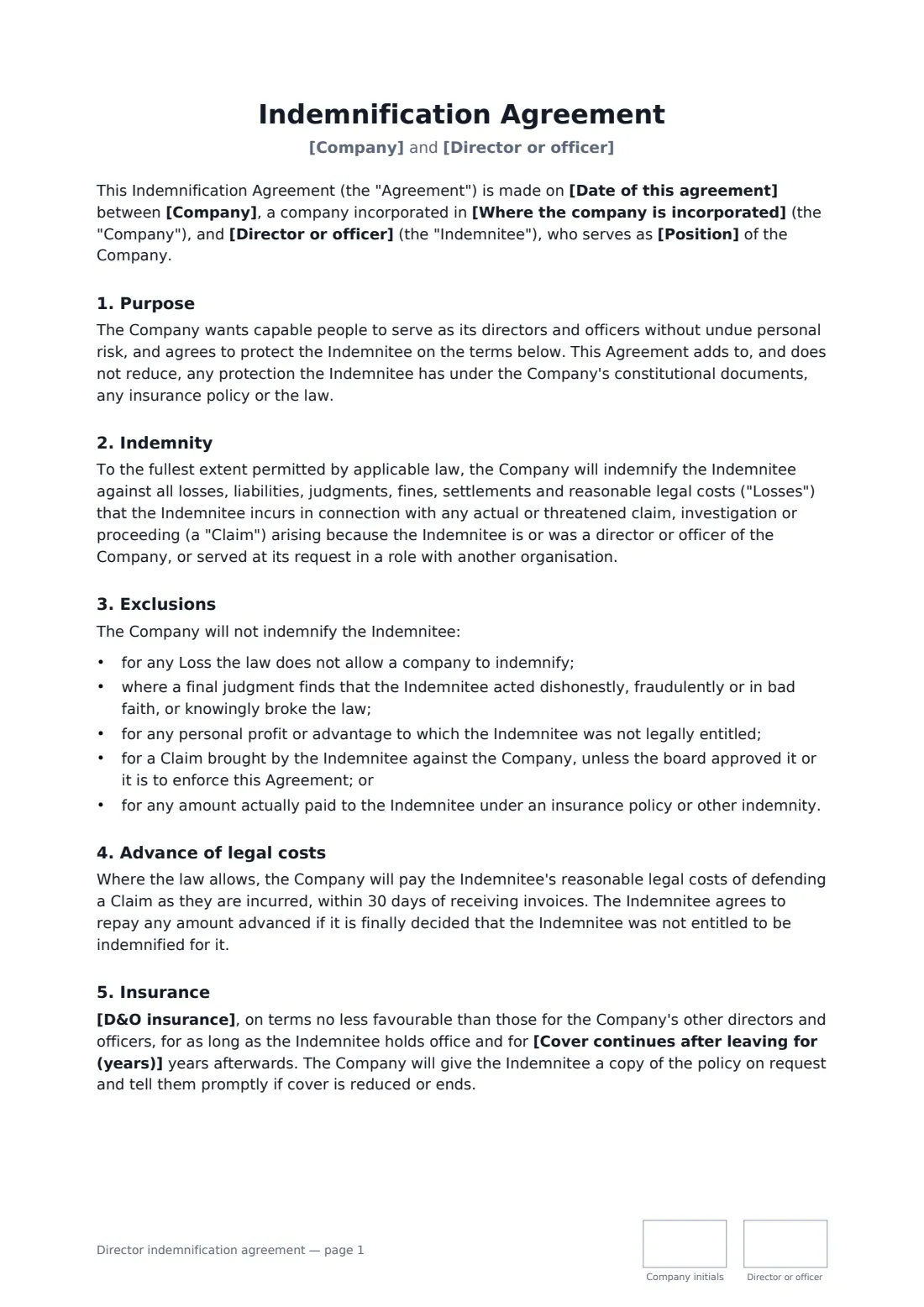 Director indemnification agreement — page 1 of 2