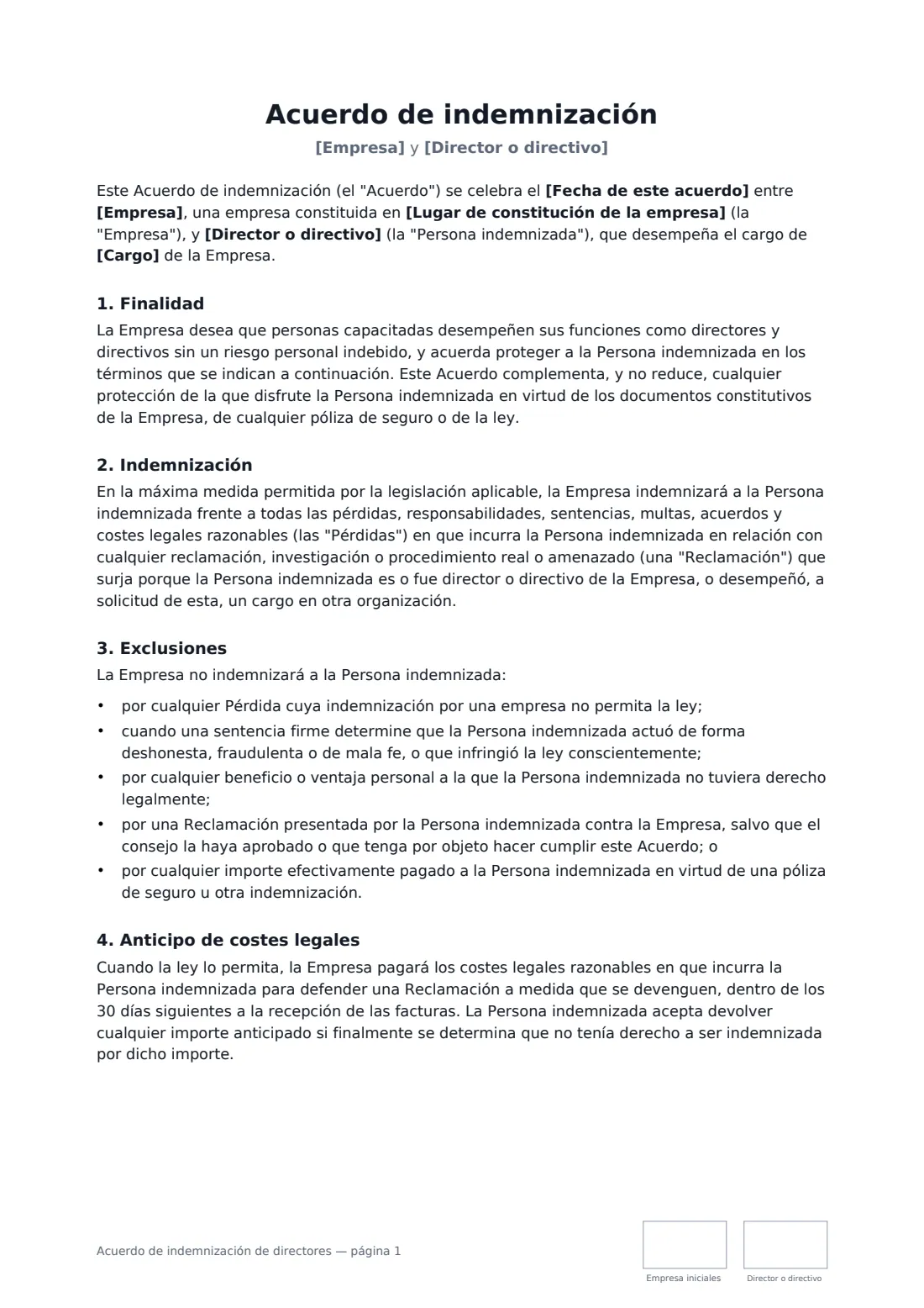 Acuerdo de indemnización de directores: página 1 de 3