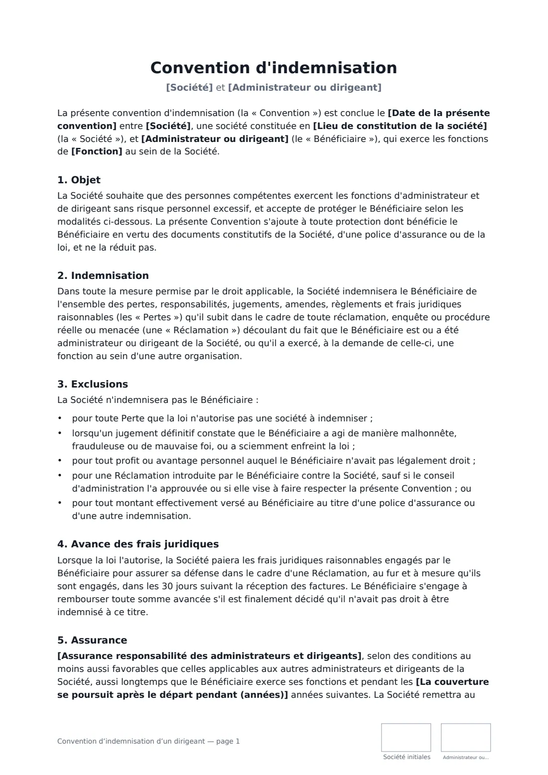 Convention d’indemnisation d’un dirigeant — page 1 sur 3