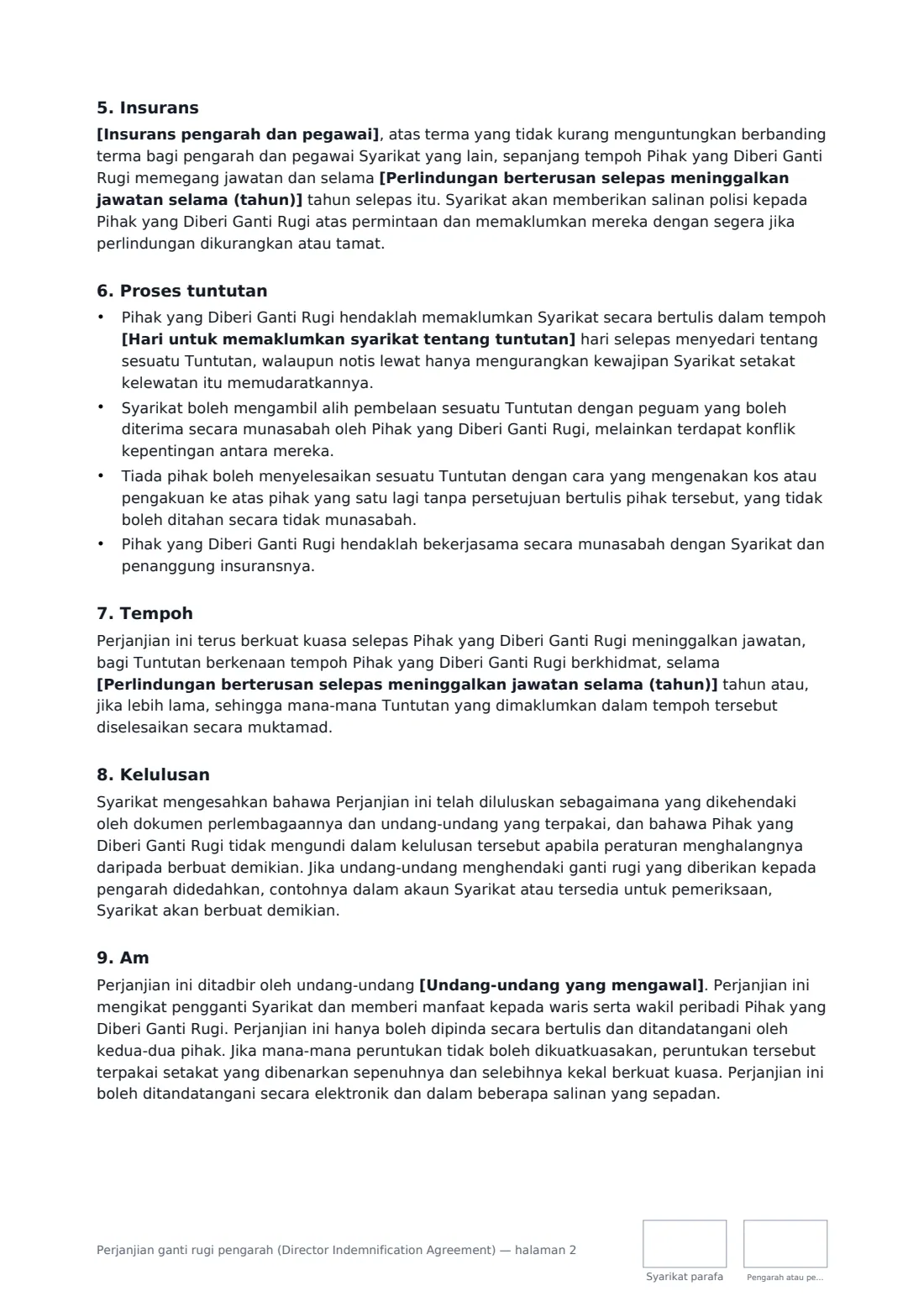 Perjanjian ganti rugi pengarah (Director Indemnification Agreement) — halaman 2 daripada 3