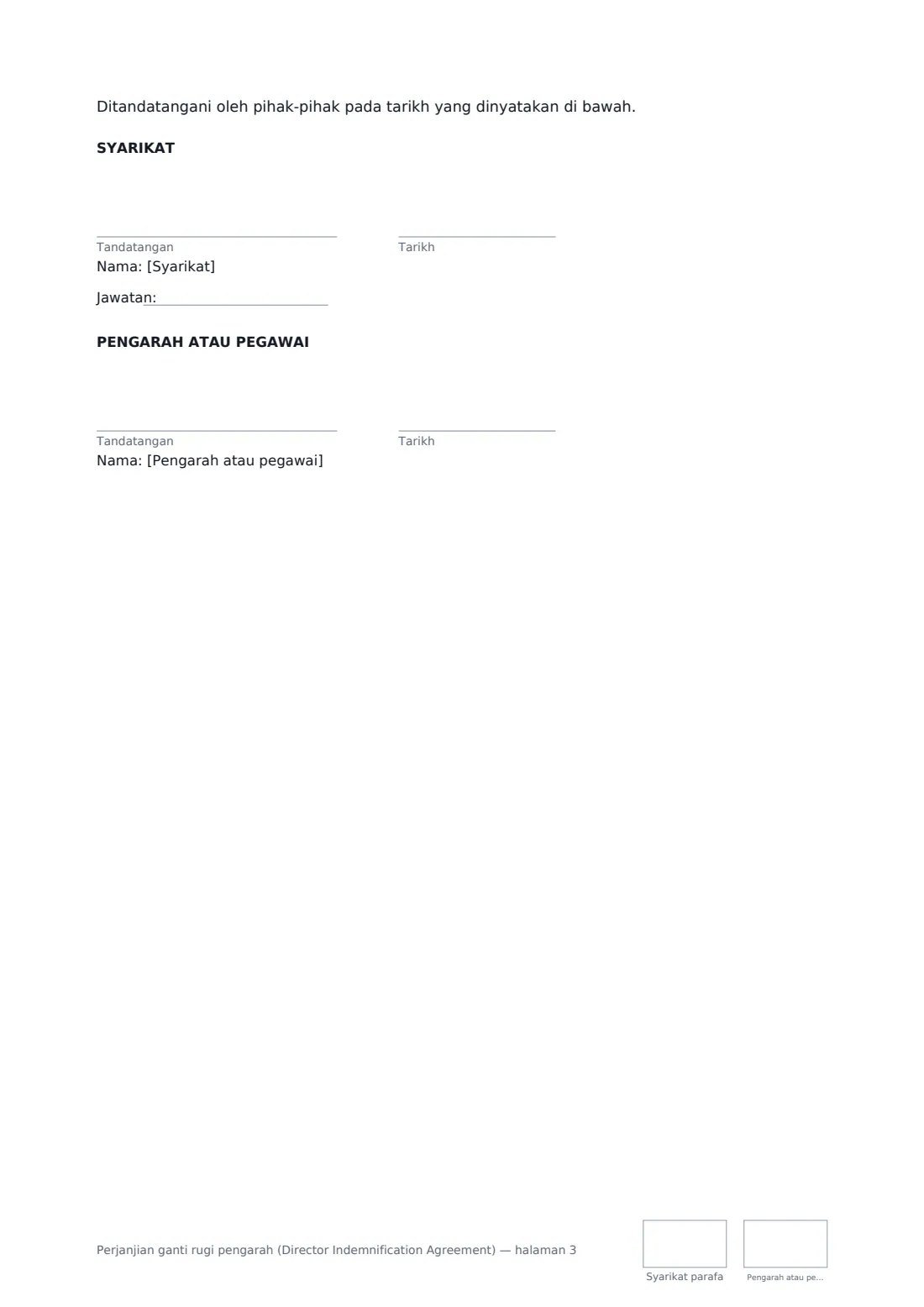 Perjanjian ganti rugi pengarah (Director Indemnification Agreement) — halaman 3 daripada 3