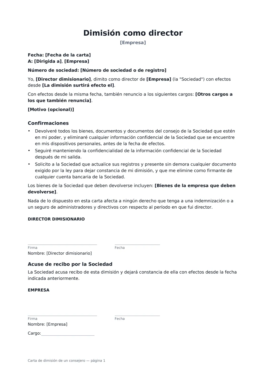 Carta de dimisión de un consejero: página 1 de 1