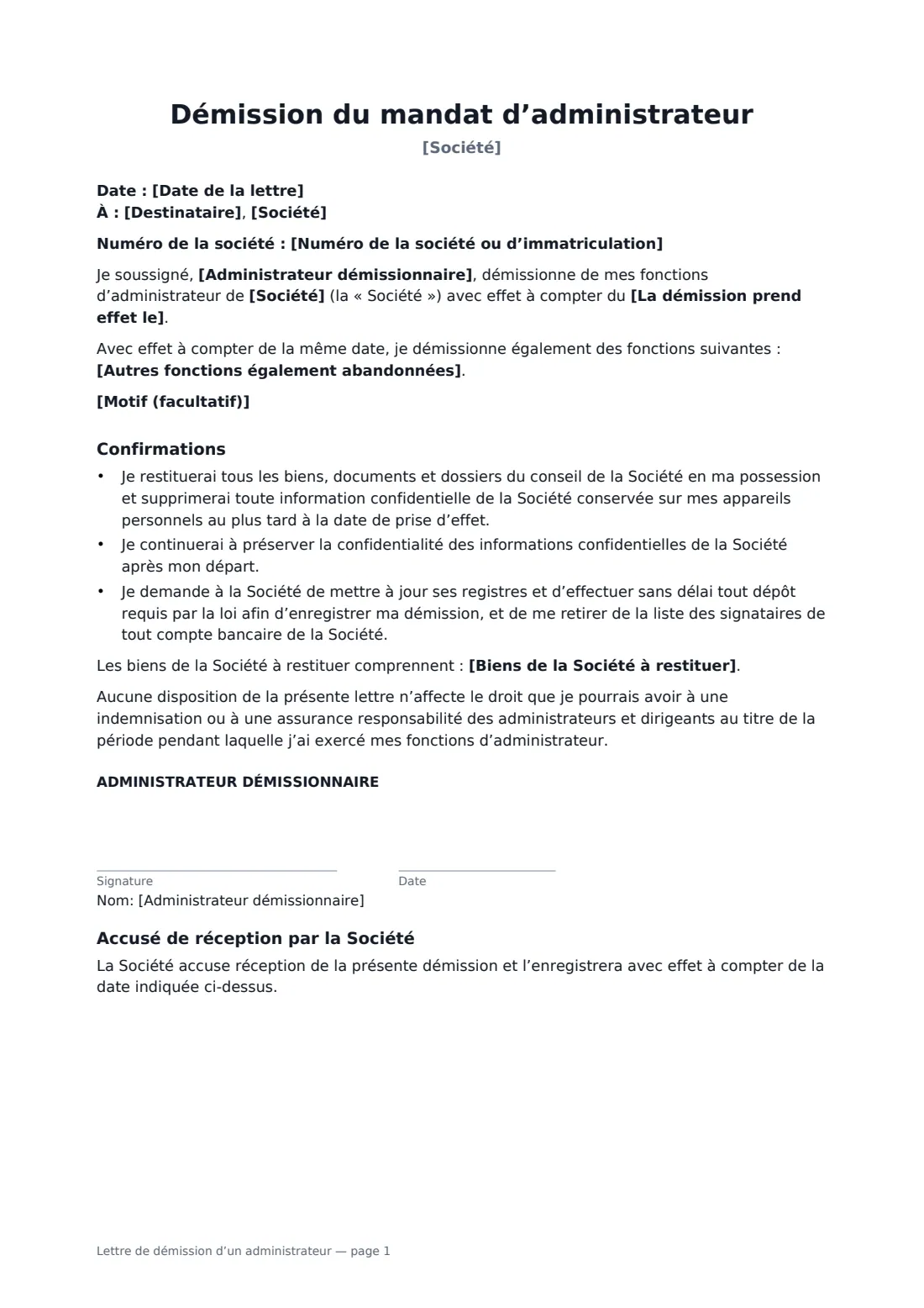 Lettre de démission d’un administrateur — page 1 sur 2