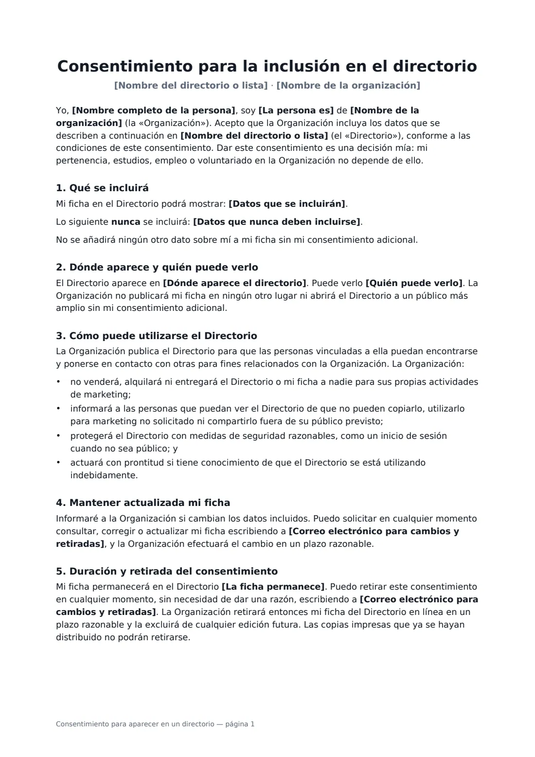 Consentimiento para aparecer en un directorio: página 1 de 2