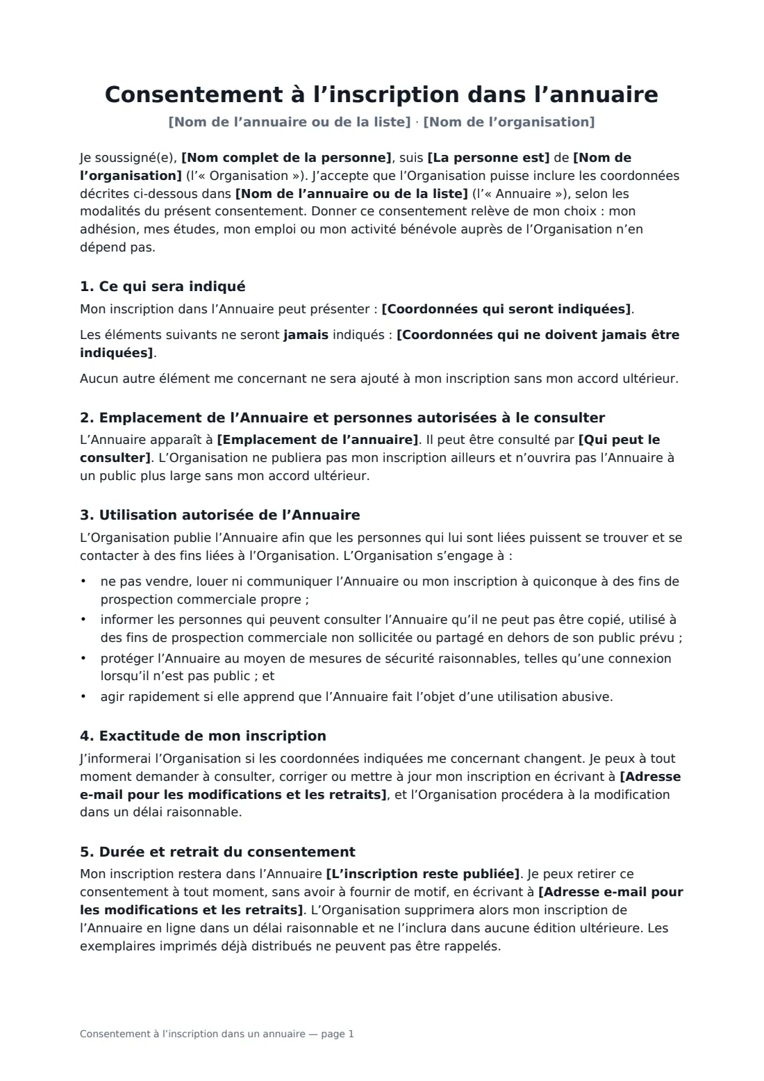 Consentement à l’inscription dans un annuaire — page 1 sur 2