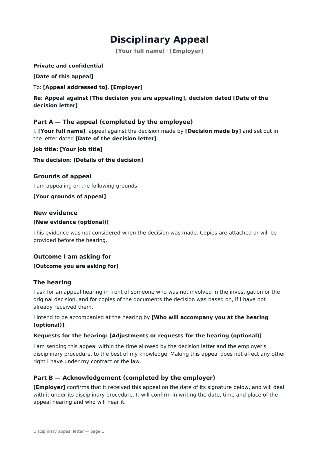 Disciplinary appeal letter — page 1 of 2