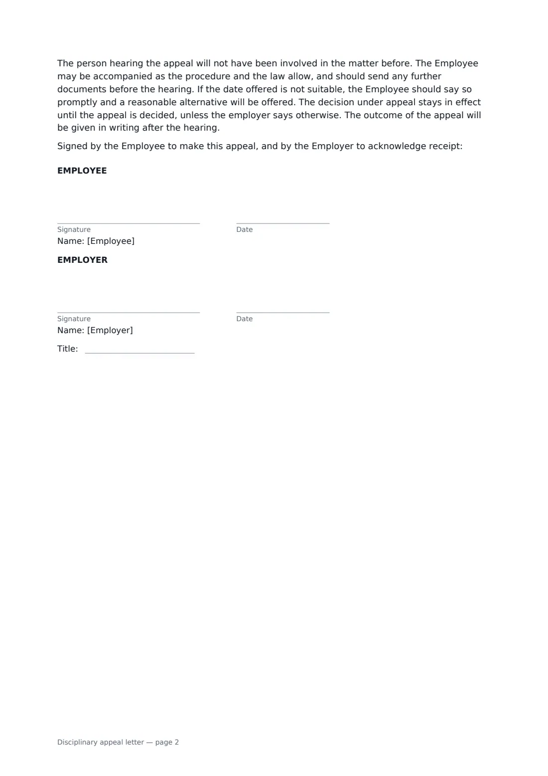 Disciplinary appeal letter — page 2 of 2
