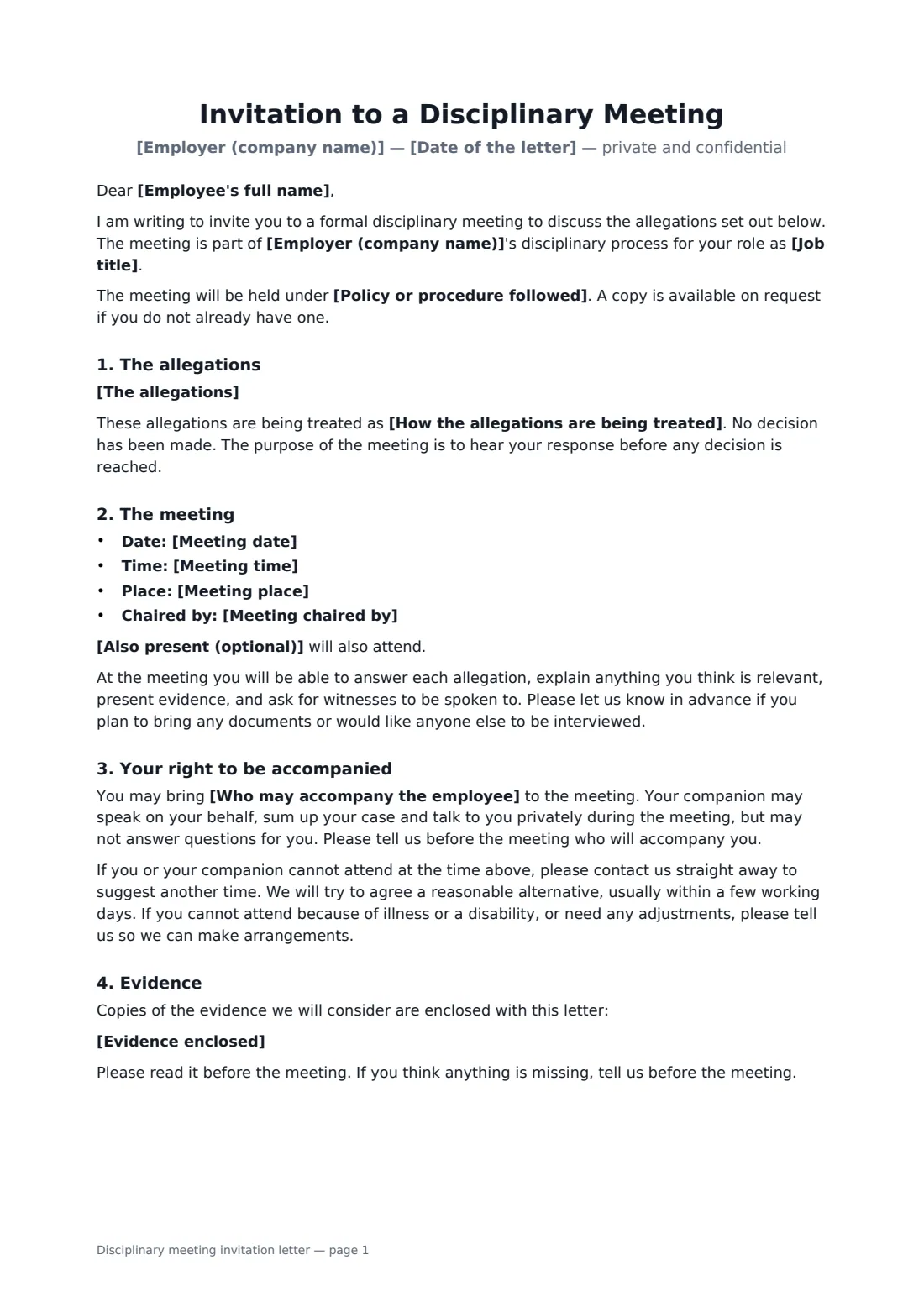 Disciplinary meeting invitation letter — page 1 of 2
