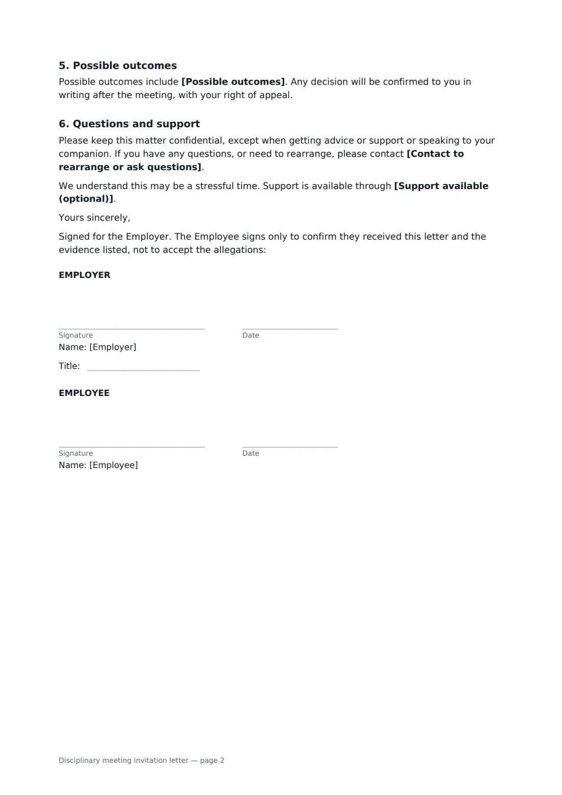 Disciplinary meeting invitation letter — page 2 of 2