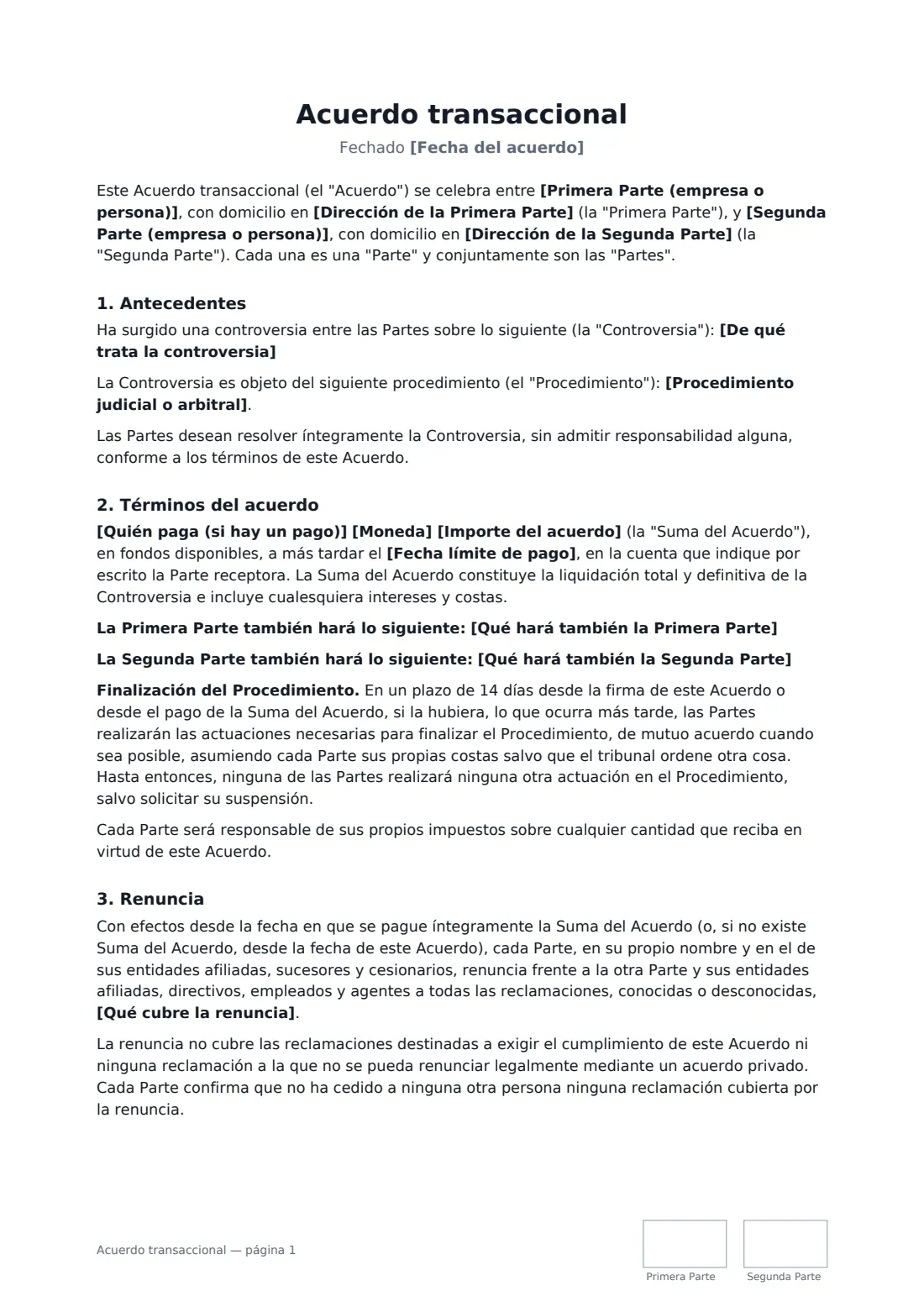 Acuerdo transaccional: página 1 de 2