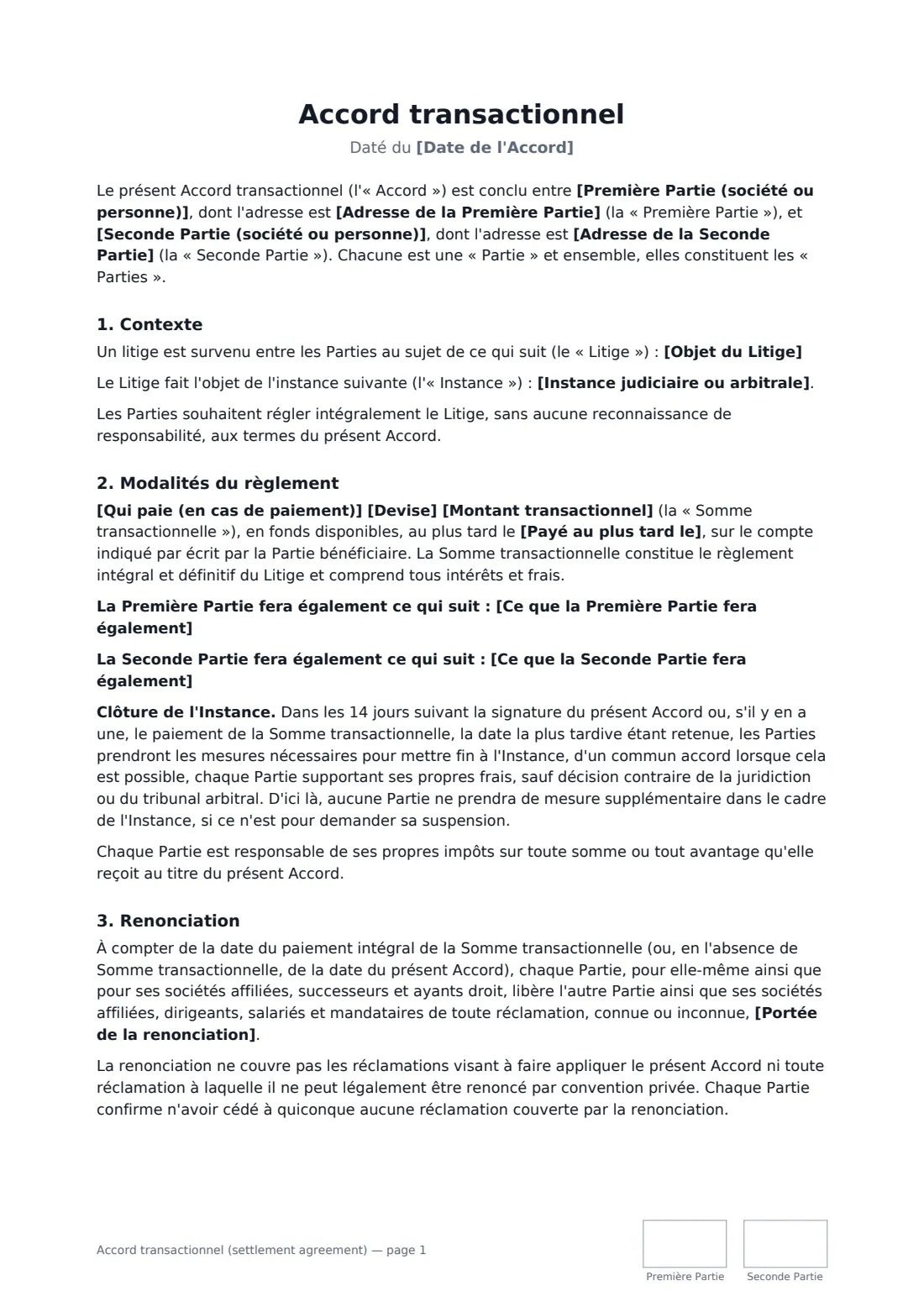 Accord transactionnel (settlement agreement) — page 1 sur 2