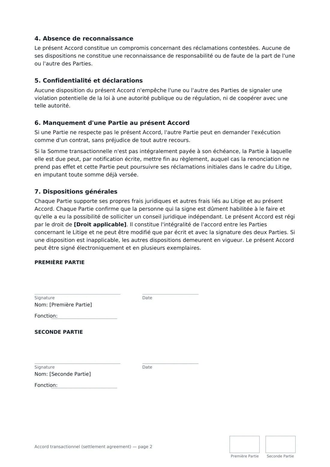 Accord transactionnel (settlement agreement) — page 2 sur 2