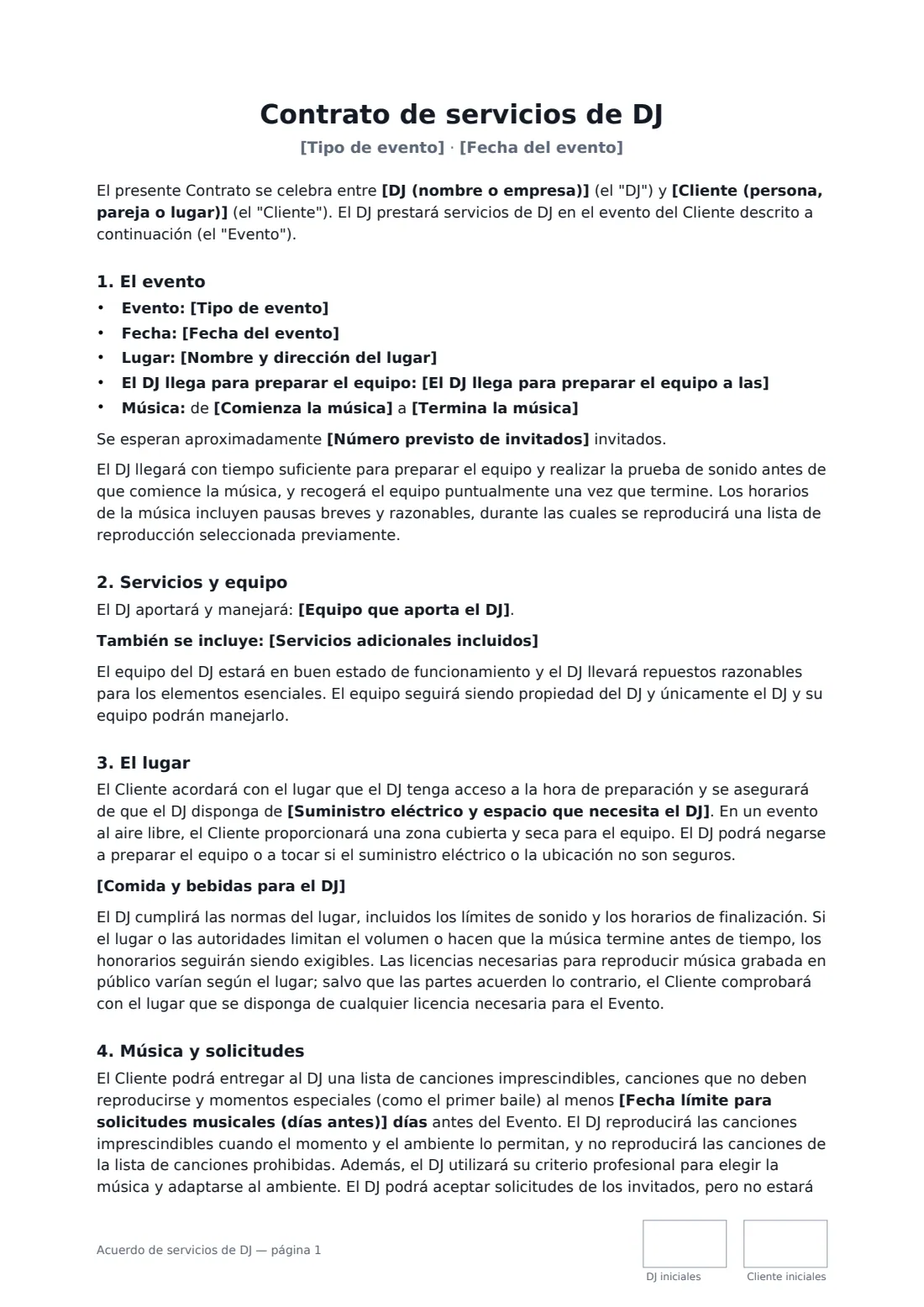 Acuerdo de servicios de DJ: página 1 de 3