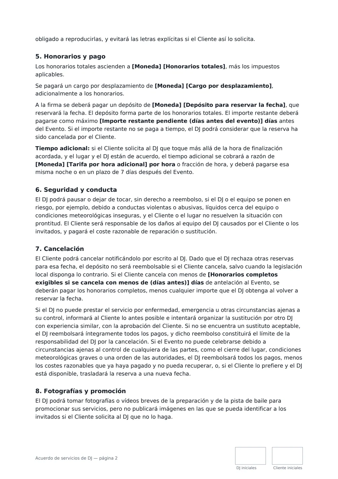 Acuerdo de servicios de DJ: página 2 de 3