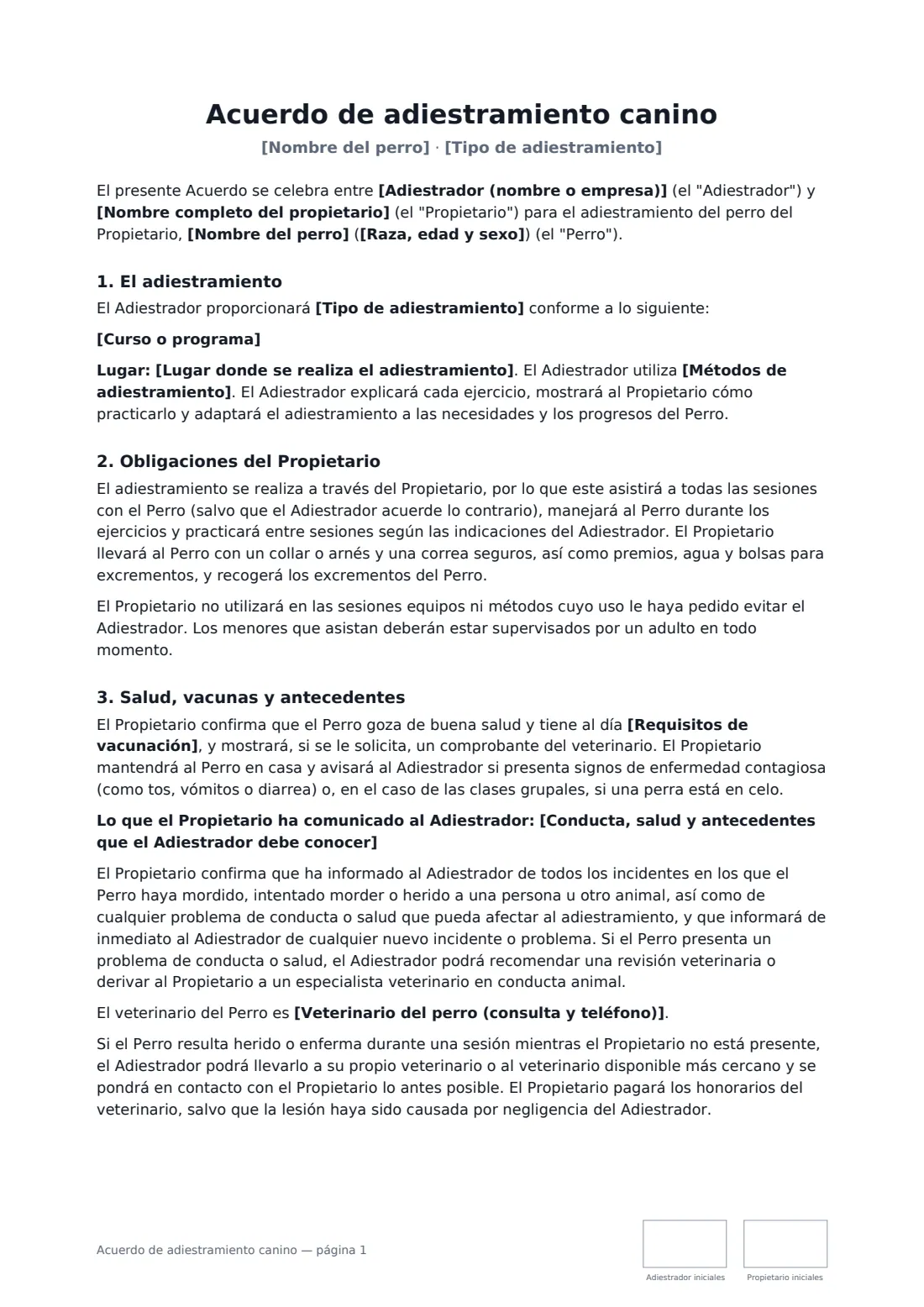 Acuerdo de adiestramiento canino: página 1 de 3